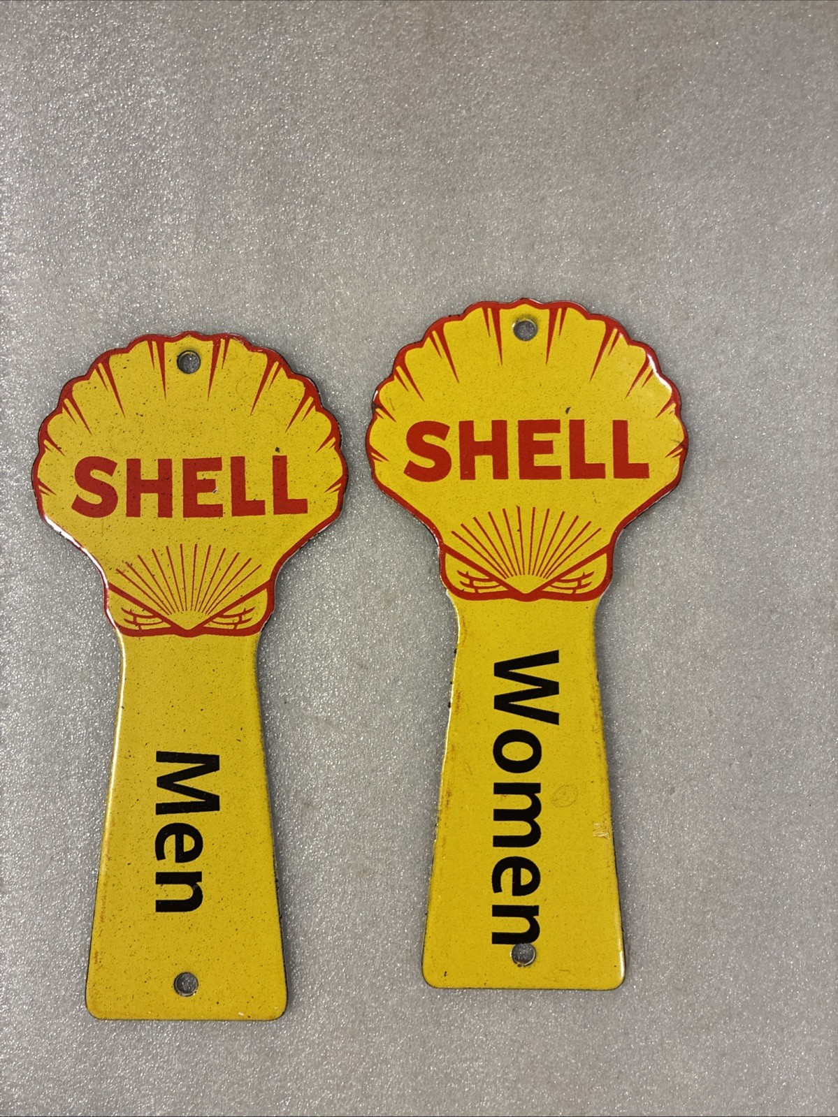 Shell Porcelain Advertising Sign 7 1/2 Inches Pair Restroom Bathroom Key Holder