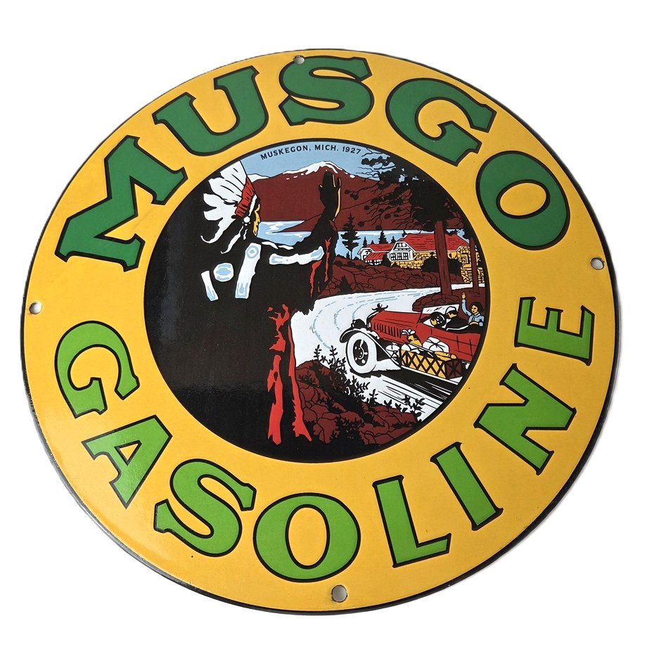 Vintage Musgo Gasoline Sign – Gas Oil Pump American Indian Chief Porcelain Sign