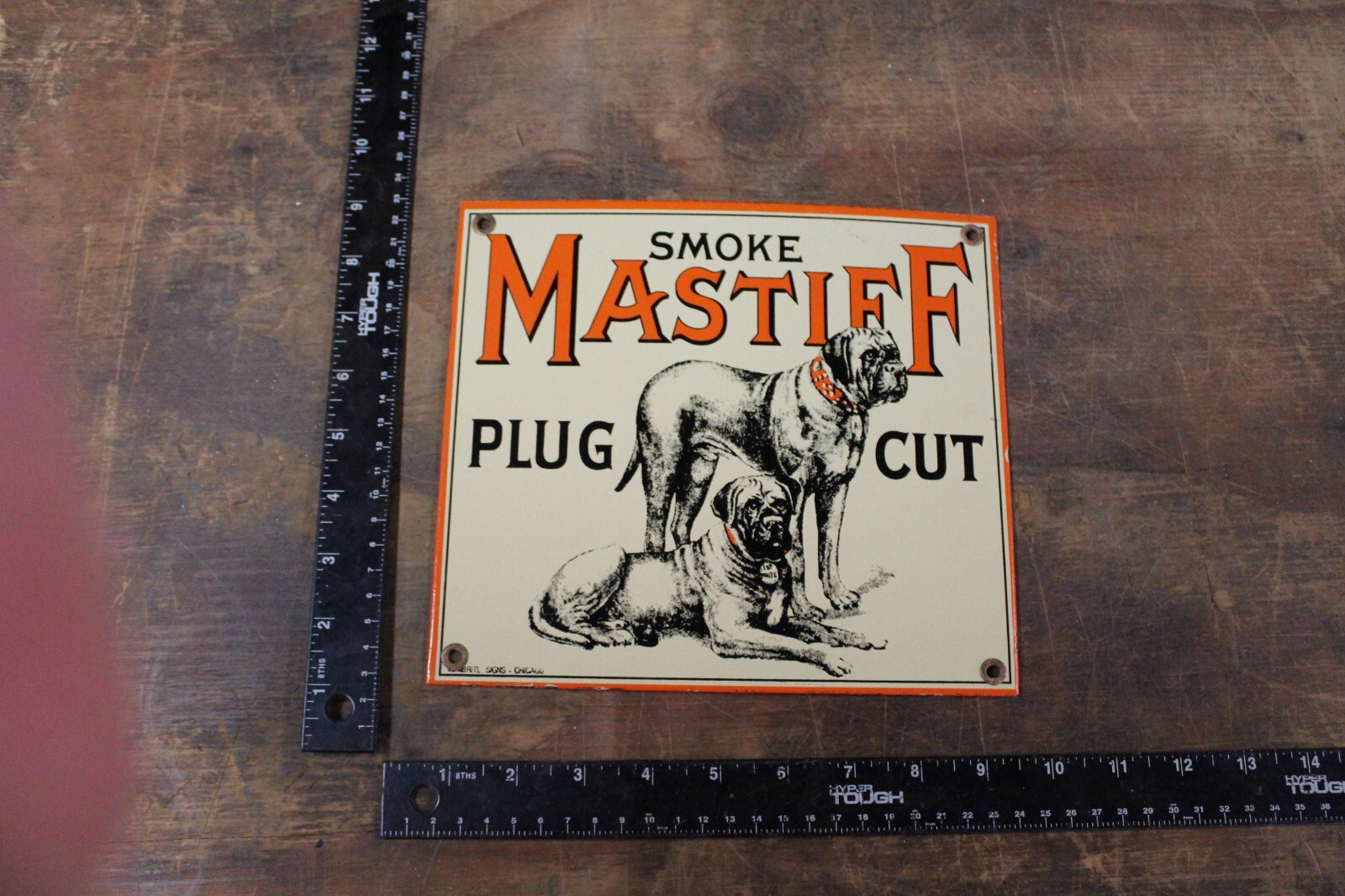 RARE SMOKE MASTIFF PLUG TOBACCO DEALER PORCELAIN METAL SIGN DOG CHEWING INDIAN