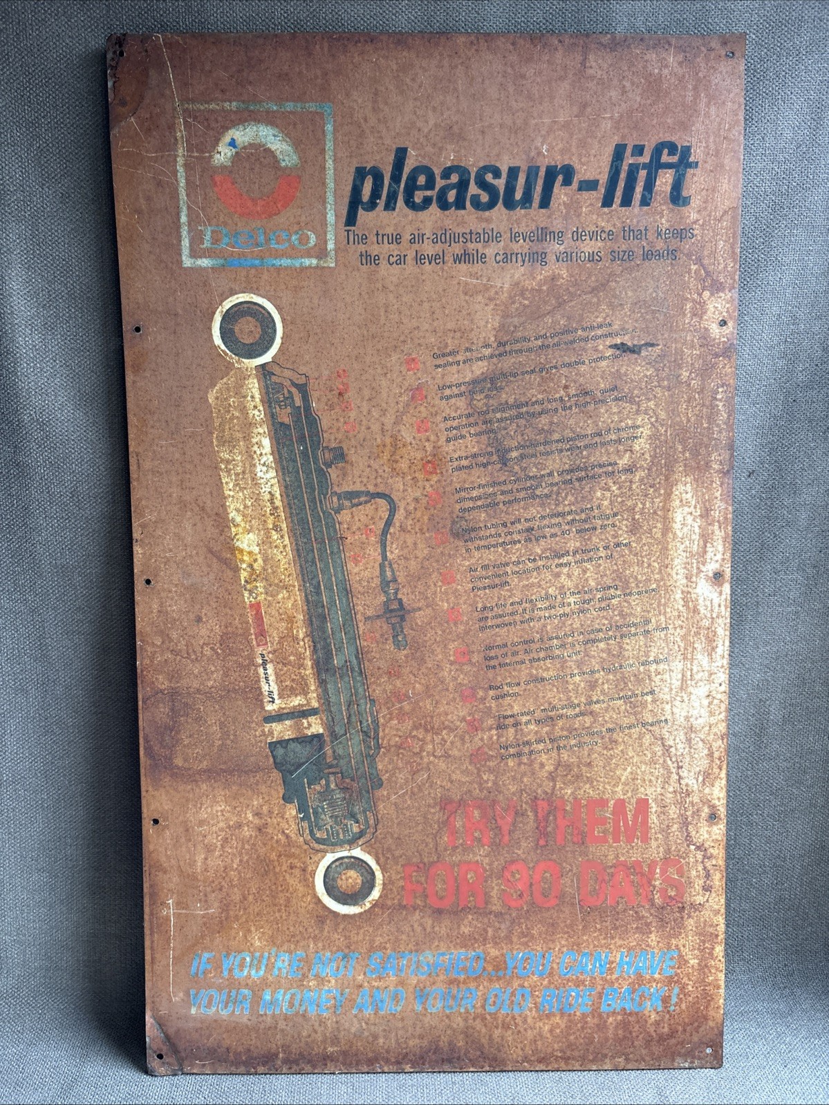 Vintage 1970s DELCO Pleasur-Lift Shock Absorbers Dealer Shop Display Sign~18×32