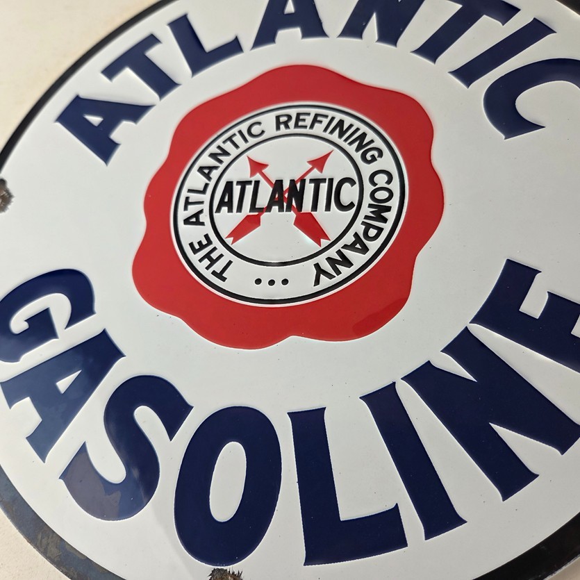 Vintage Atlantic Gasoline Sign – Gas Service Station Pump Porcelain Sign