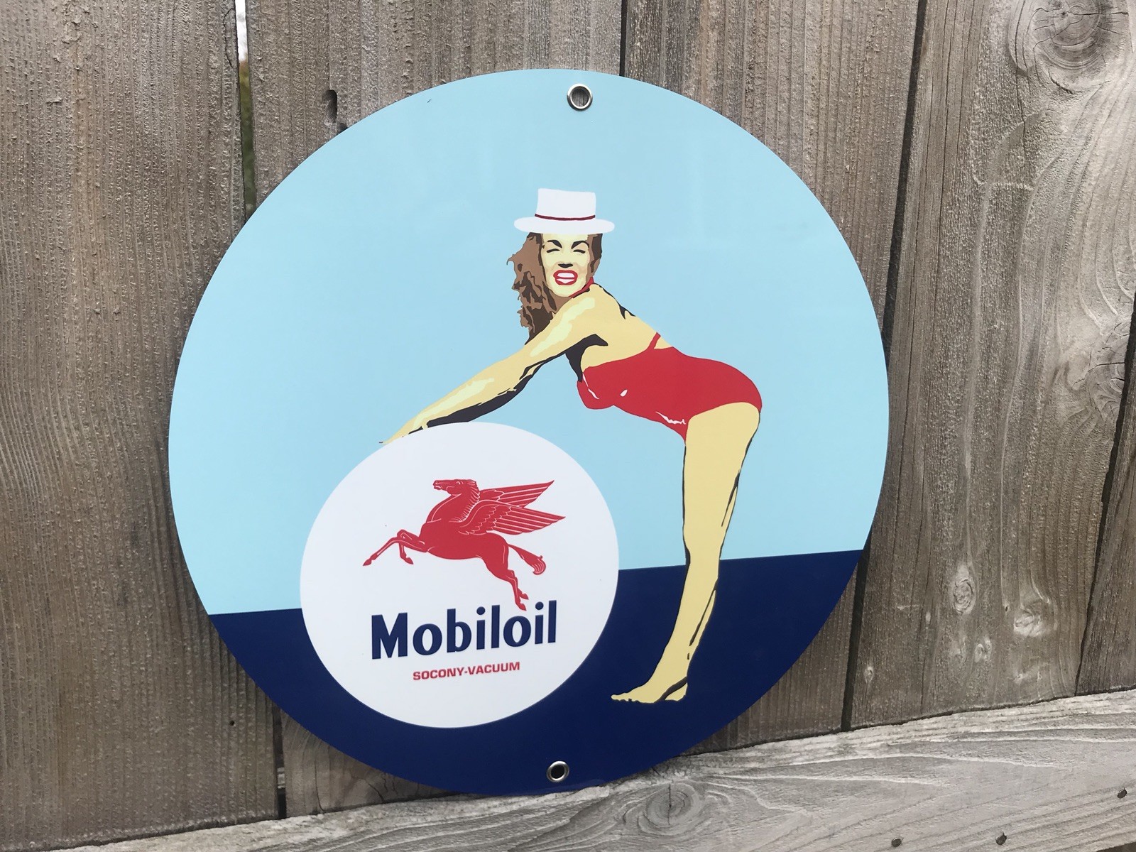 Mobiloil Mobilgas Gasoline Round Metal Pinup Girl Pin Up sign Mobil oil gas