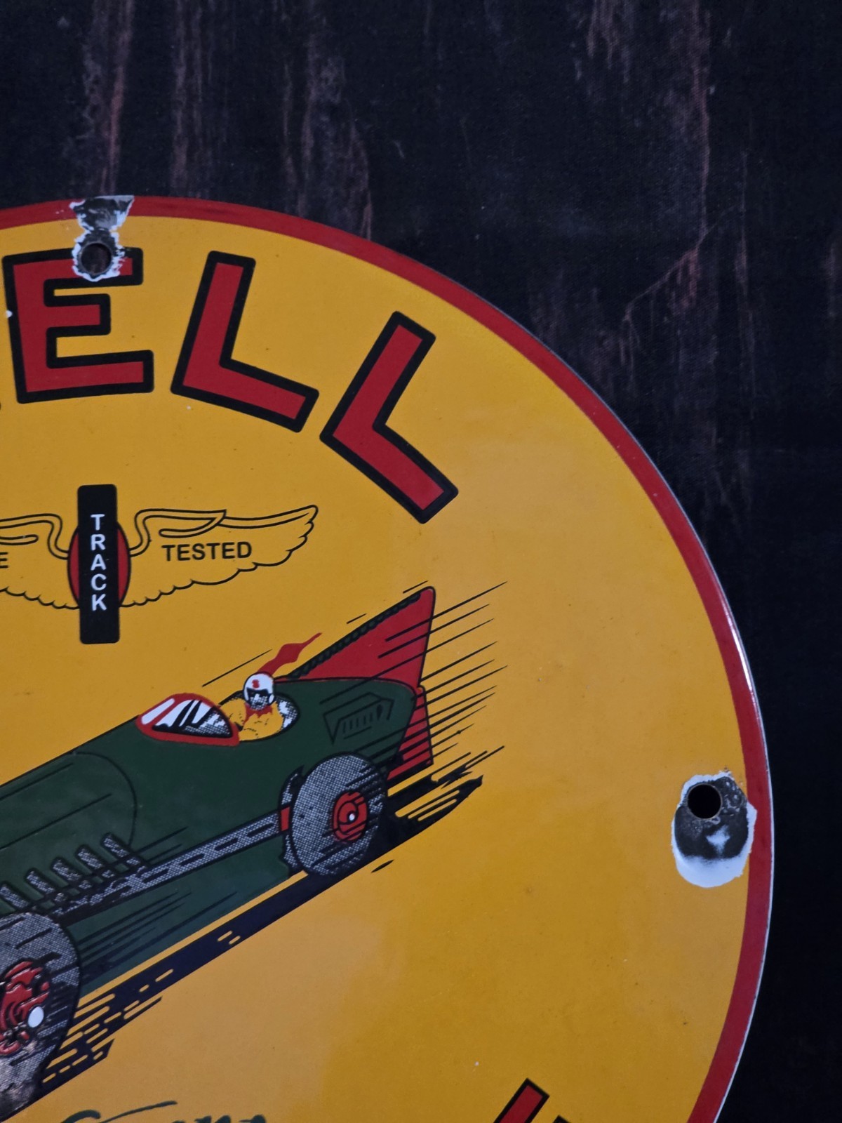 VINTAGE SHELL GASOLINE GREEN STREAK PORCELAIN SIGN RACE CAR MOTOR OIL 10″