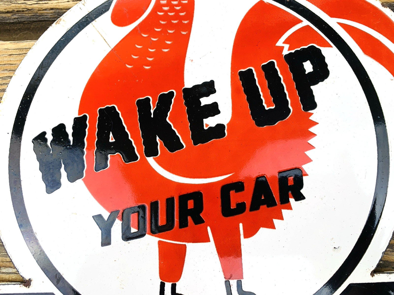VINTAGE 12×9″ WAKE UP YOUR CAR PISTON RINGS PORCELAIN ROOSTER GASOLINE OIL SIGN