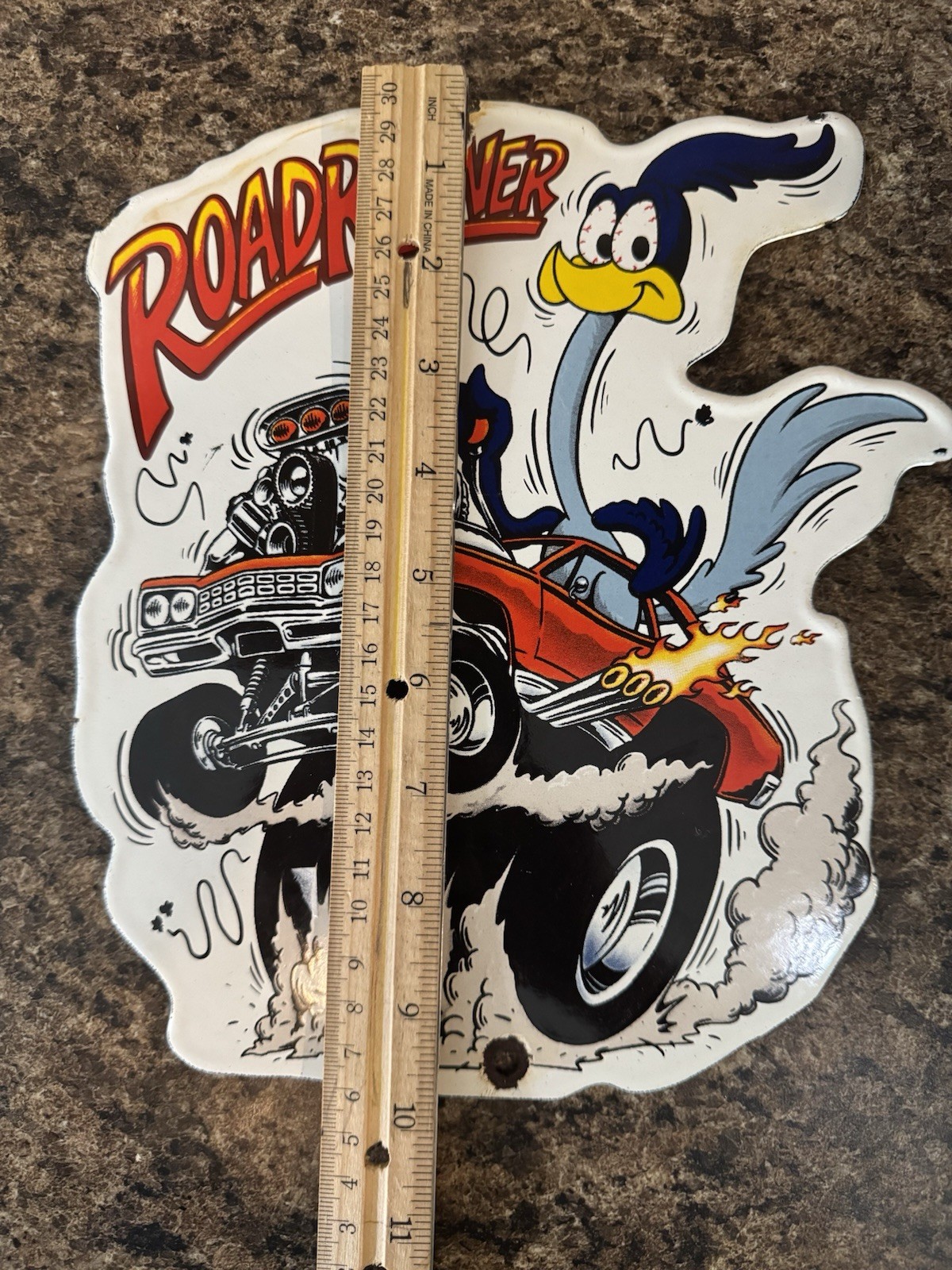 Porcelain Plymouth Road Runner Hot Rod Gas Pump Sign Vintage Rat Fink Design