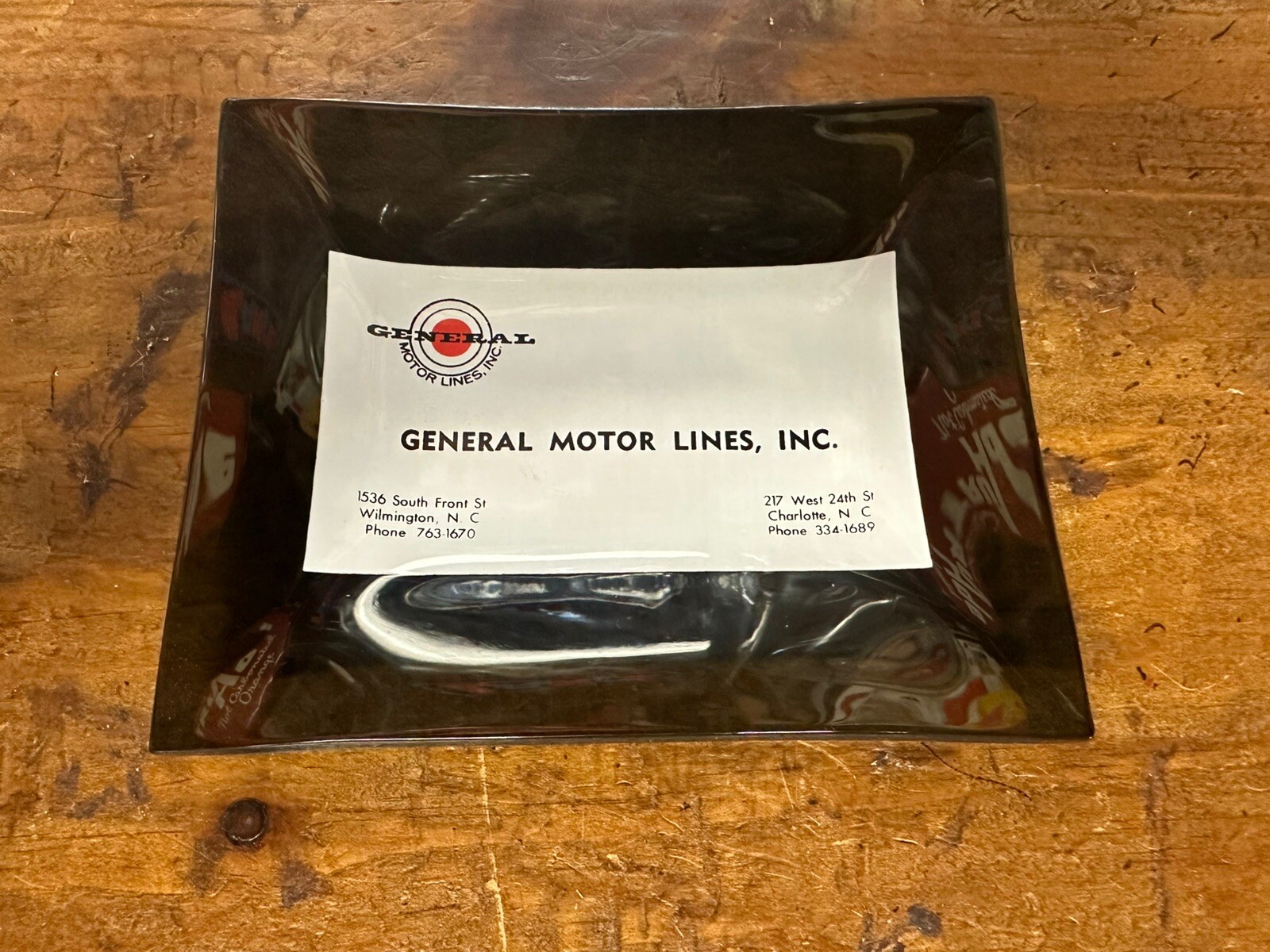 VINTAGE GENERAL MOTOR LINES GLASS ASHTRAY CHARLOTTE WILMINGTON NC SIGN BOTTLE