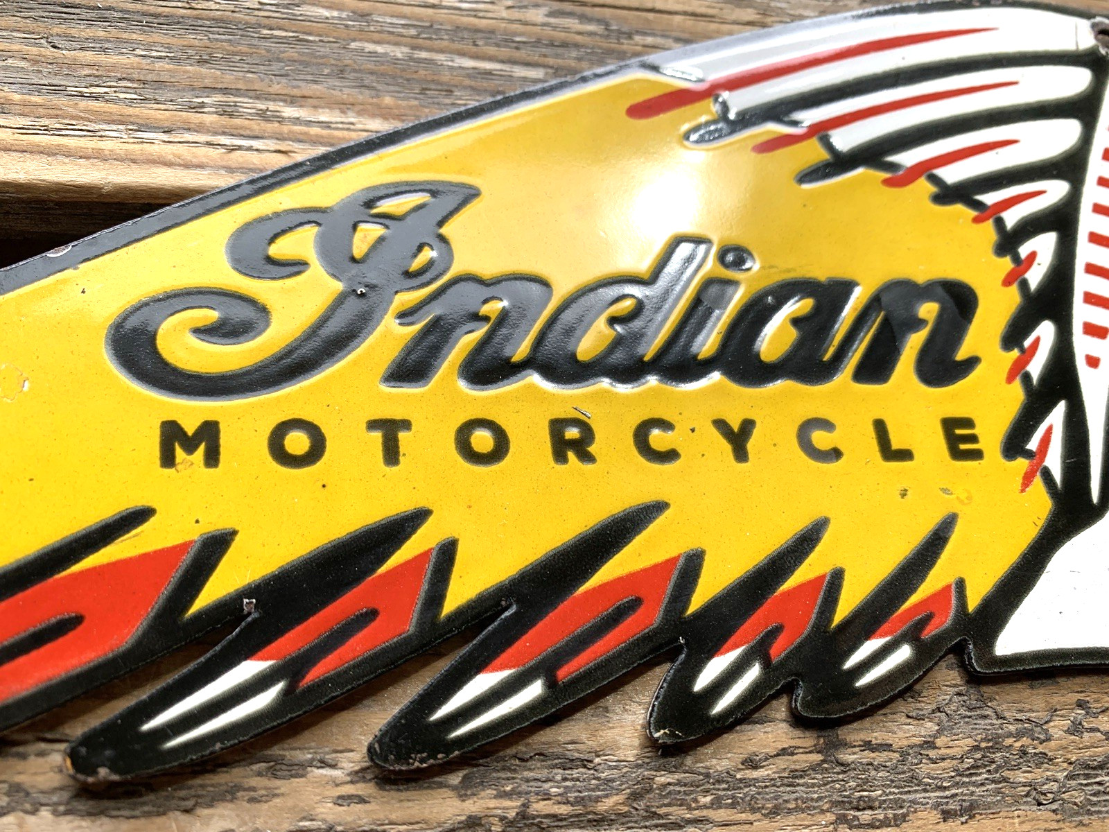 VINTAGE 12×4.5″ INDIAN MOTORCYCLE SALES & SERVICE GASOLINE PORCELAIN OIL SIGN