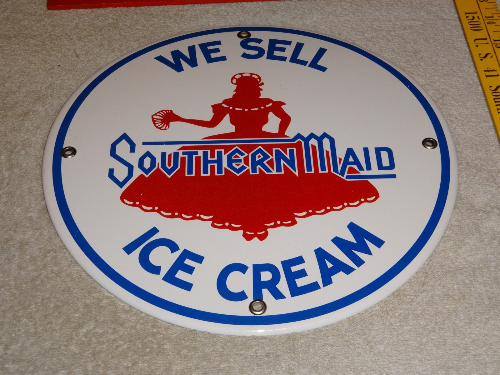 VINTAGE SOUTHERN MAID ICE CREAM +FLAPPER GIRL 10″ PORCELAIN METAL DAIRY GAS SIGN