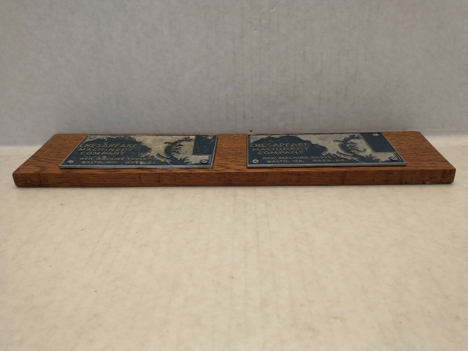 Chesapeake Machinery Co. 2 Small Vintage Metal Signs on Wood Baltimore, MD