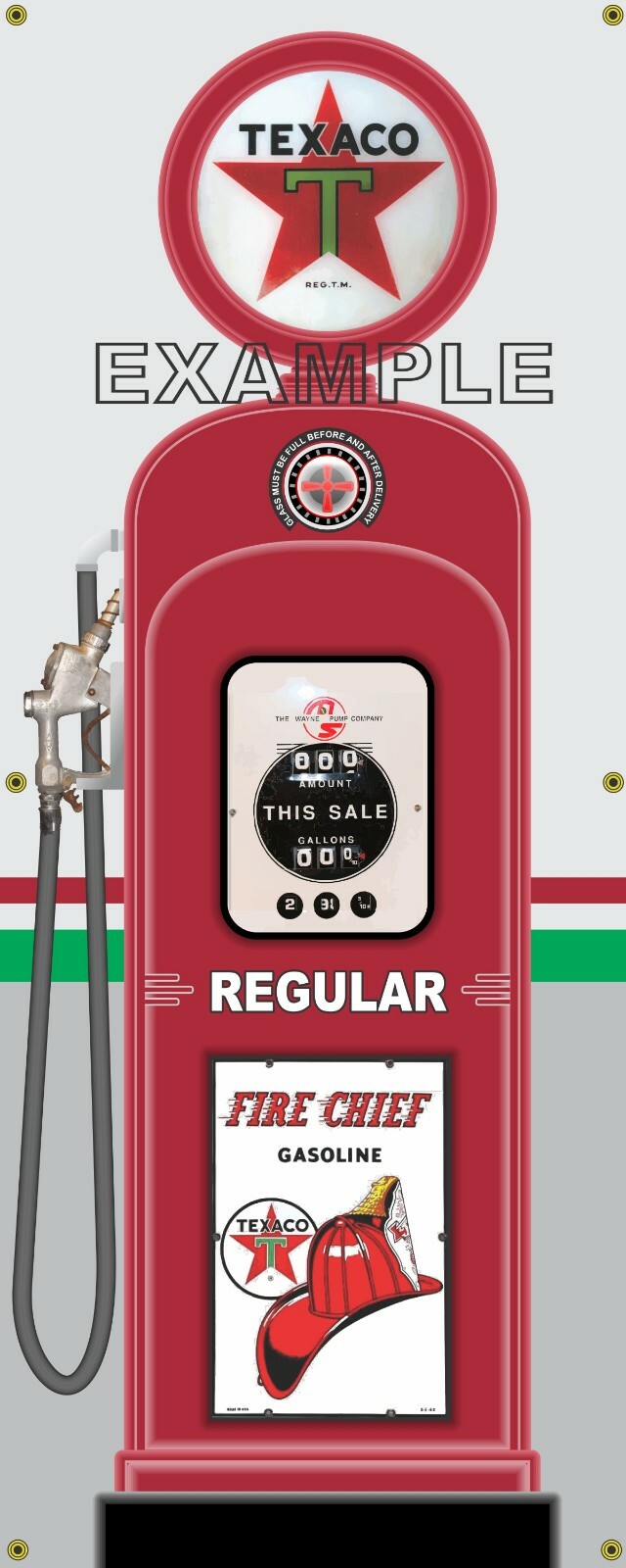 TEXACO GAS PUMP WAYNE 50s STYLE REGULAR PREMIUM OR SET 2 X 5 REMAKE BANNER ART