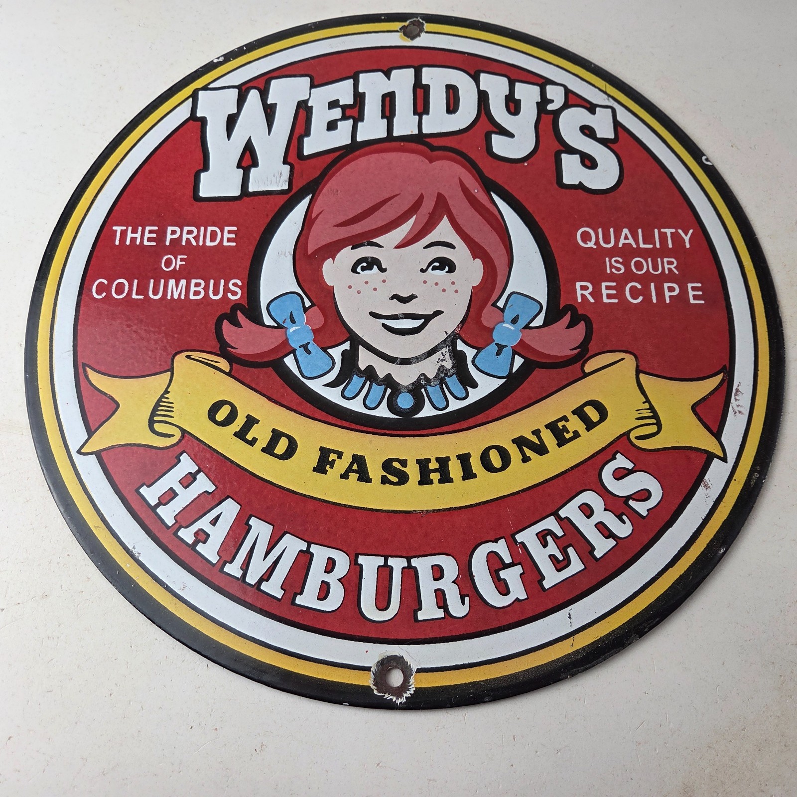 Vintage Wendy’s Hamburgers Sign – Quality Old Fast Food Porcelain Gas Pump Sign