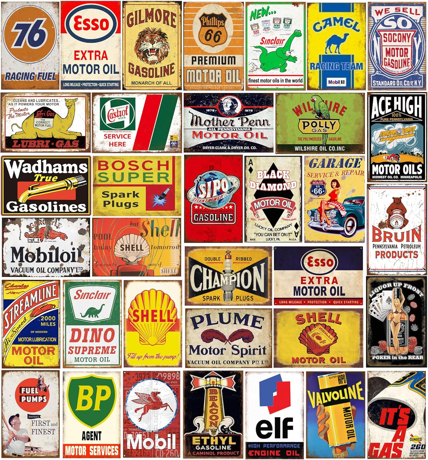 Reproduced Vintage Tin Sign Pack, Gas Oil Retro Advert Antique Metal Signs for G
