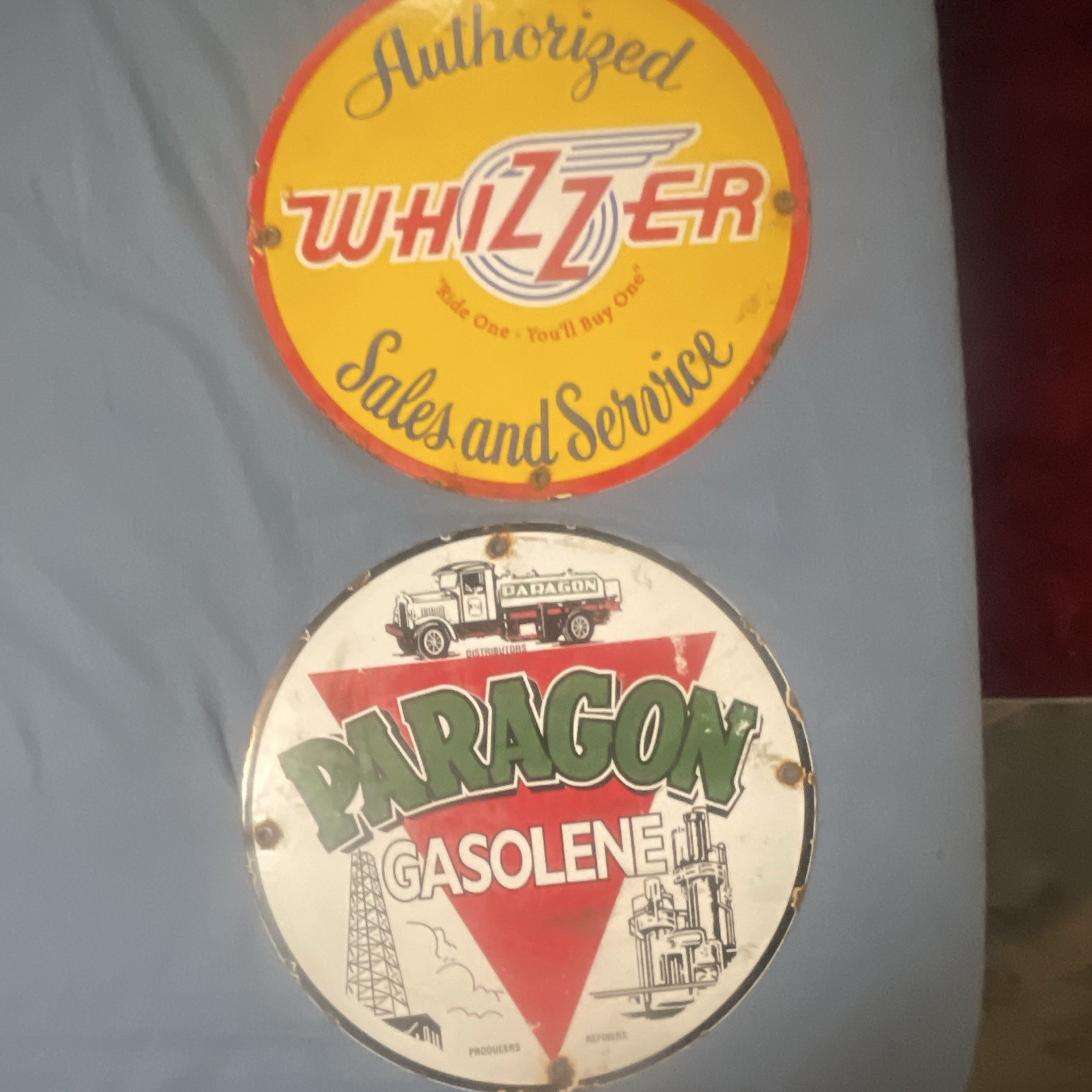 Whizzer & Paragon Gas & Oil Round Advertising Signs Lot of 2