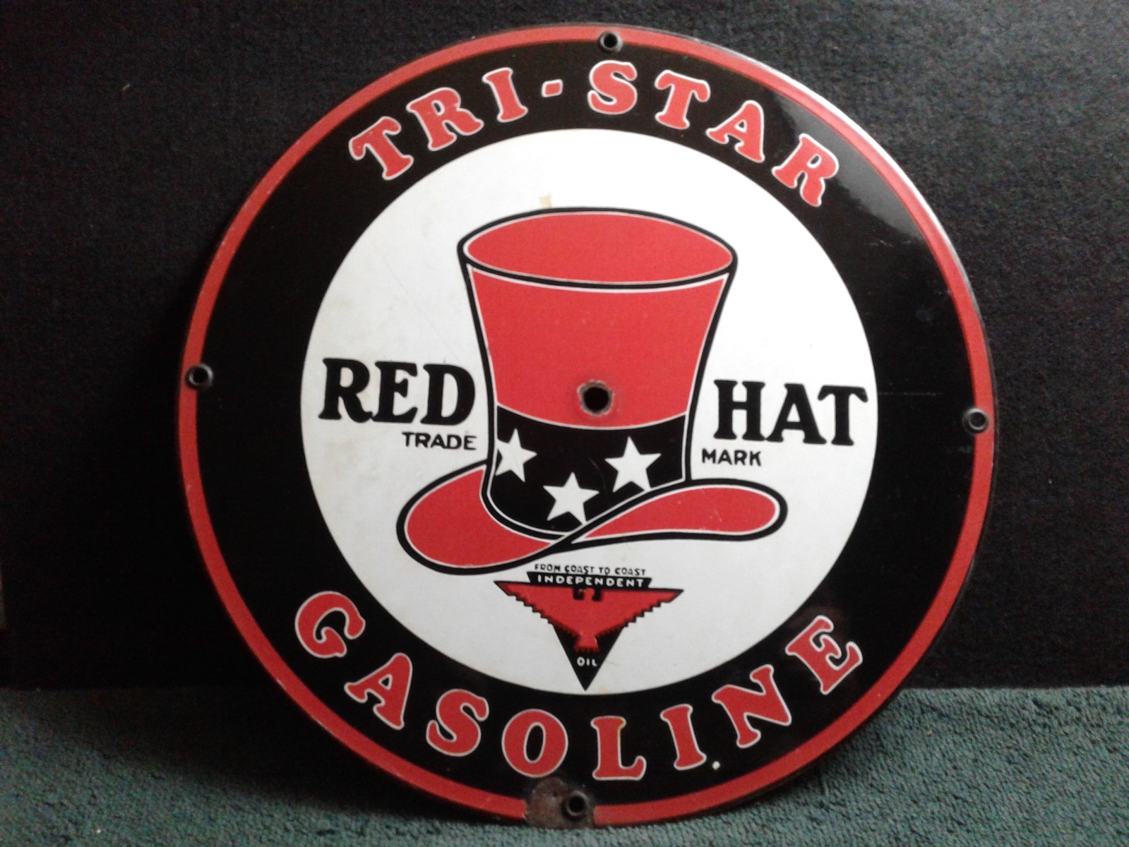 Contemporary Tri- Star Gasoline Red Hat Trade Mark Round Pump Plate Sign 11-1/4″