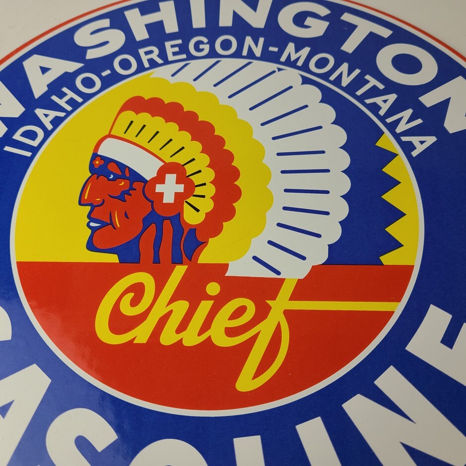 Vintage Washington Gasoline Sign – Indian Chief Gas Pump Porcelain Service Sign