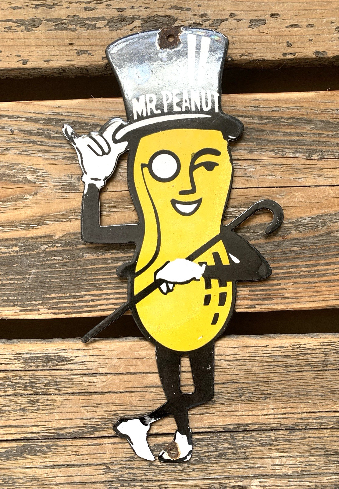 VINTAGE PLANTERS MR. PEANUT 10×5″ MOTOR OIL GAS PUMP PLATE PORCELAIN SIGN