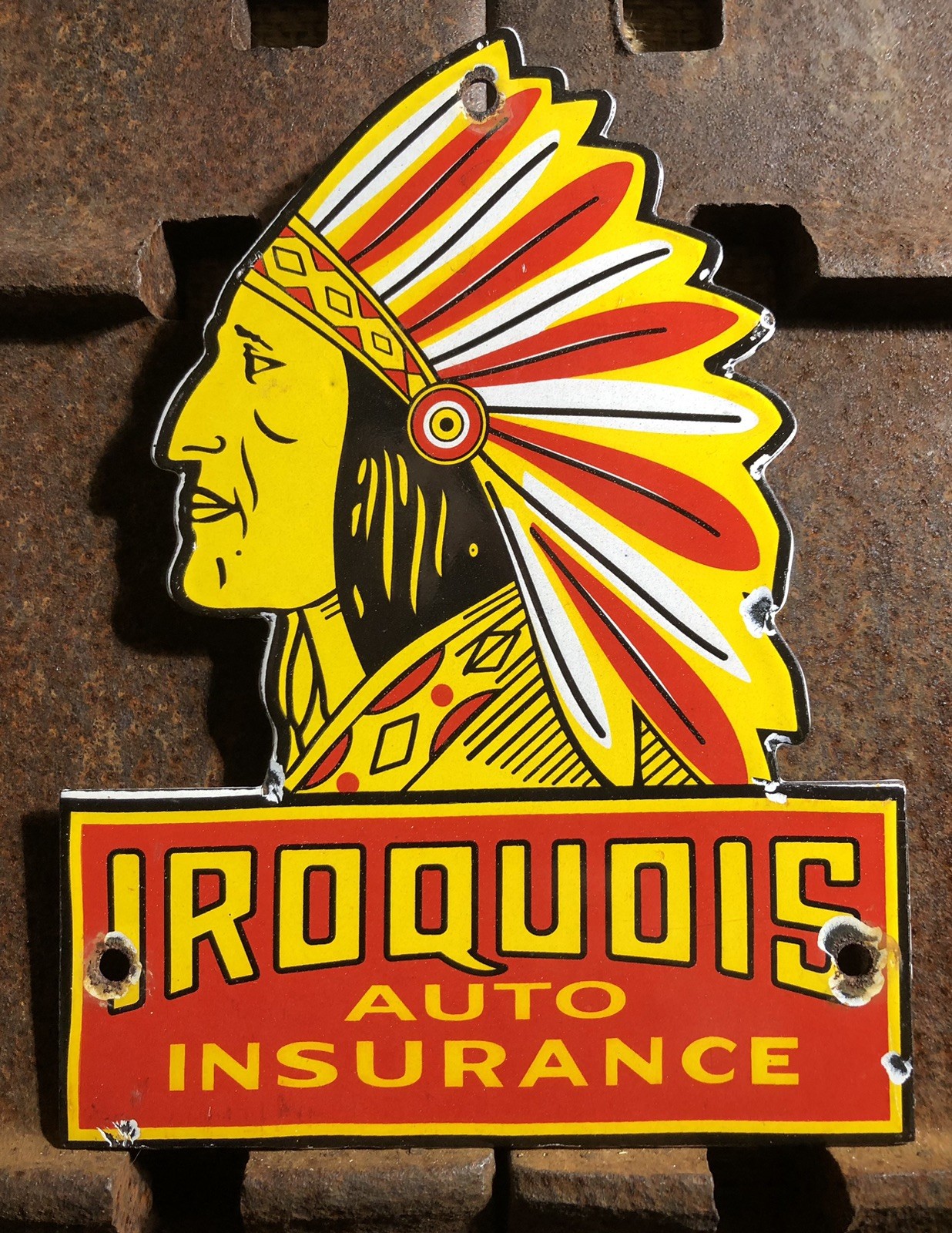 VINTAGE IROQUOIS AUTO INSURANCE 8” PORCELAIN SIGN GAS OIL INDIAN CHIEF CAR AUTO