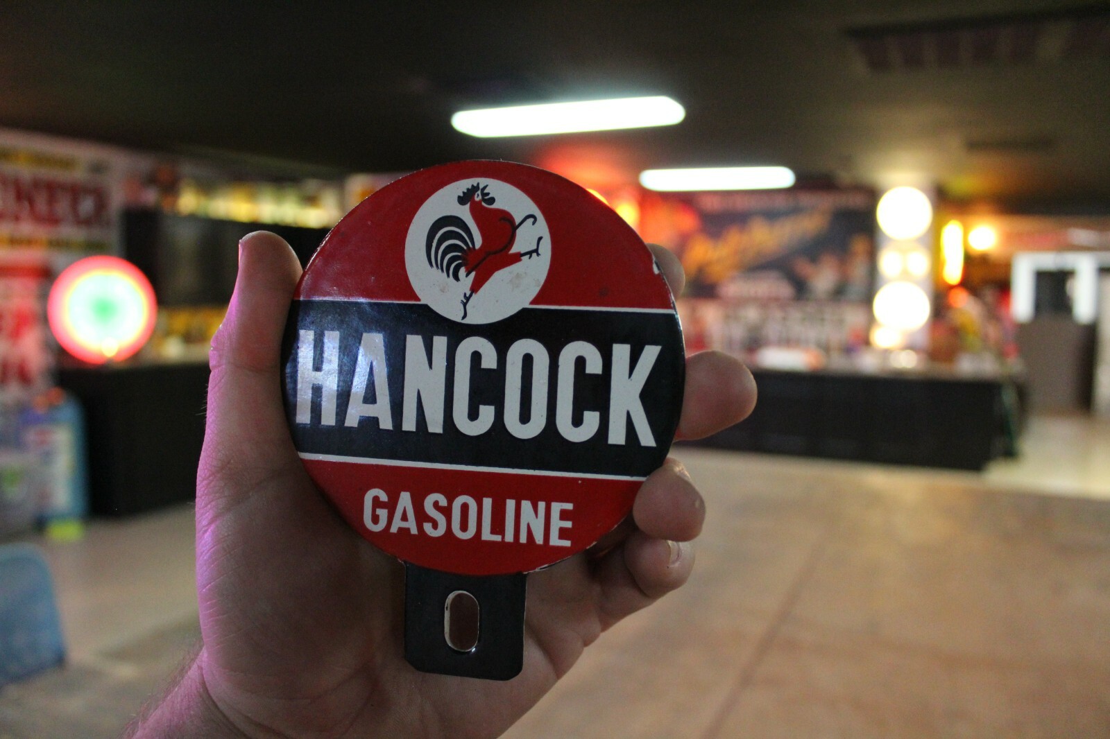 HANCOCK GASOLINE PORCELAIN METAL PLATE TOPPER SIGN GARAGE SERVICE DEALER 66