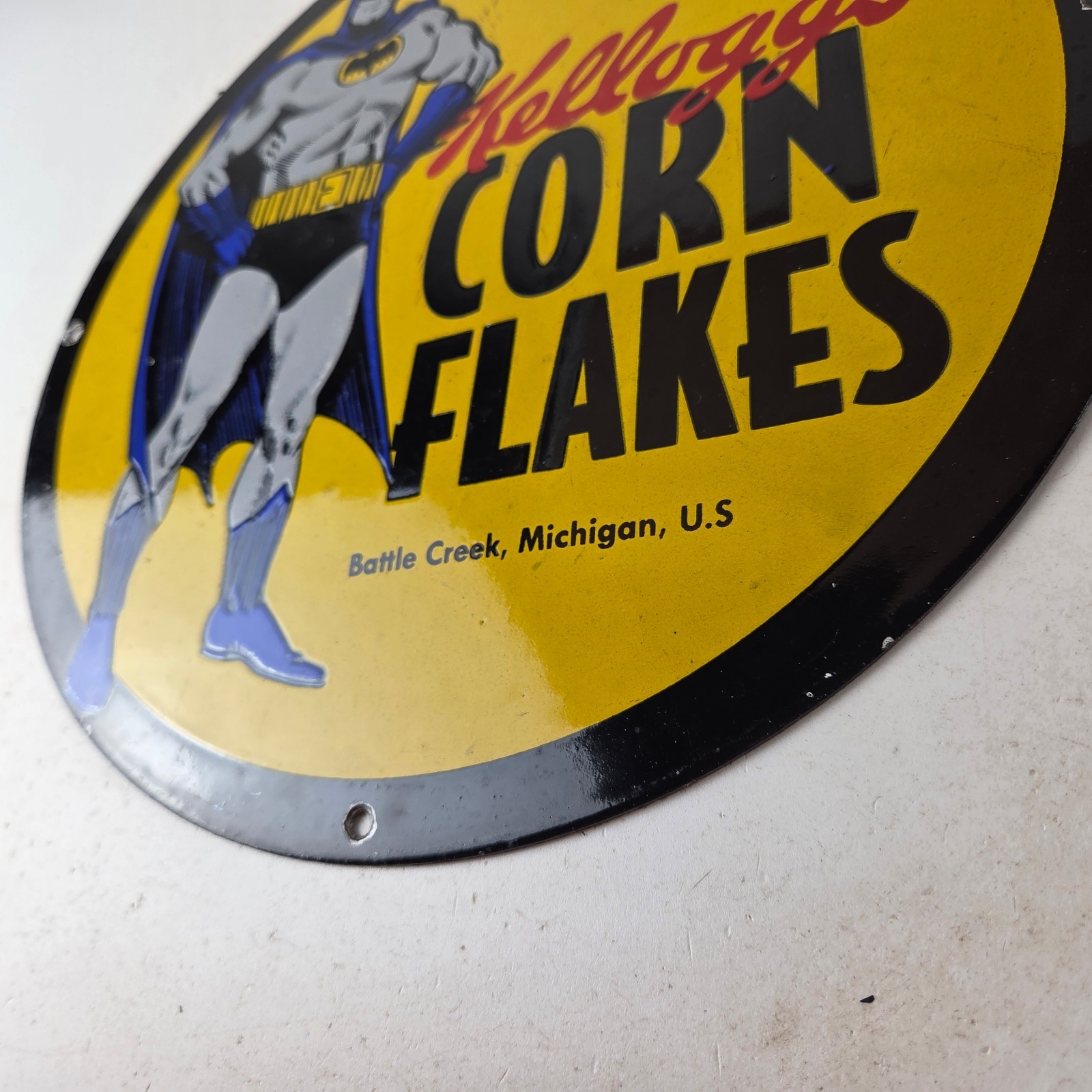 Vintage Kelloggs Sign – Corn Flakes Porcelain Batman Cereal Breakfast Gas Sign