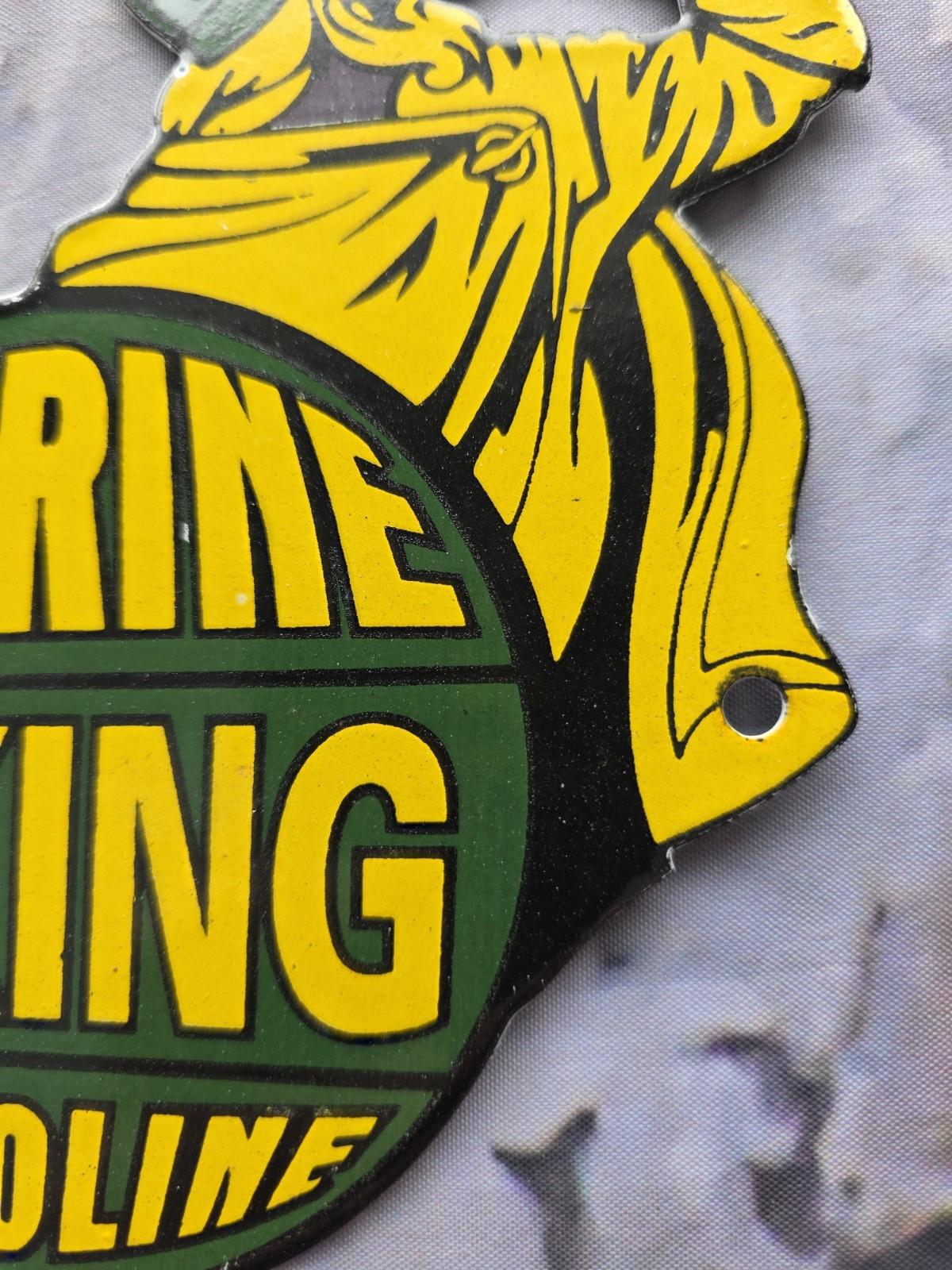 VINTAGE VIKING MARINE GASOLINE PORCELAIN SIGN 9” x 5”.