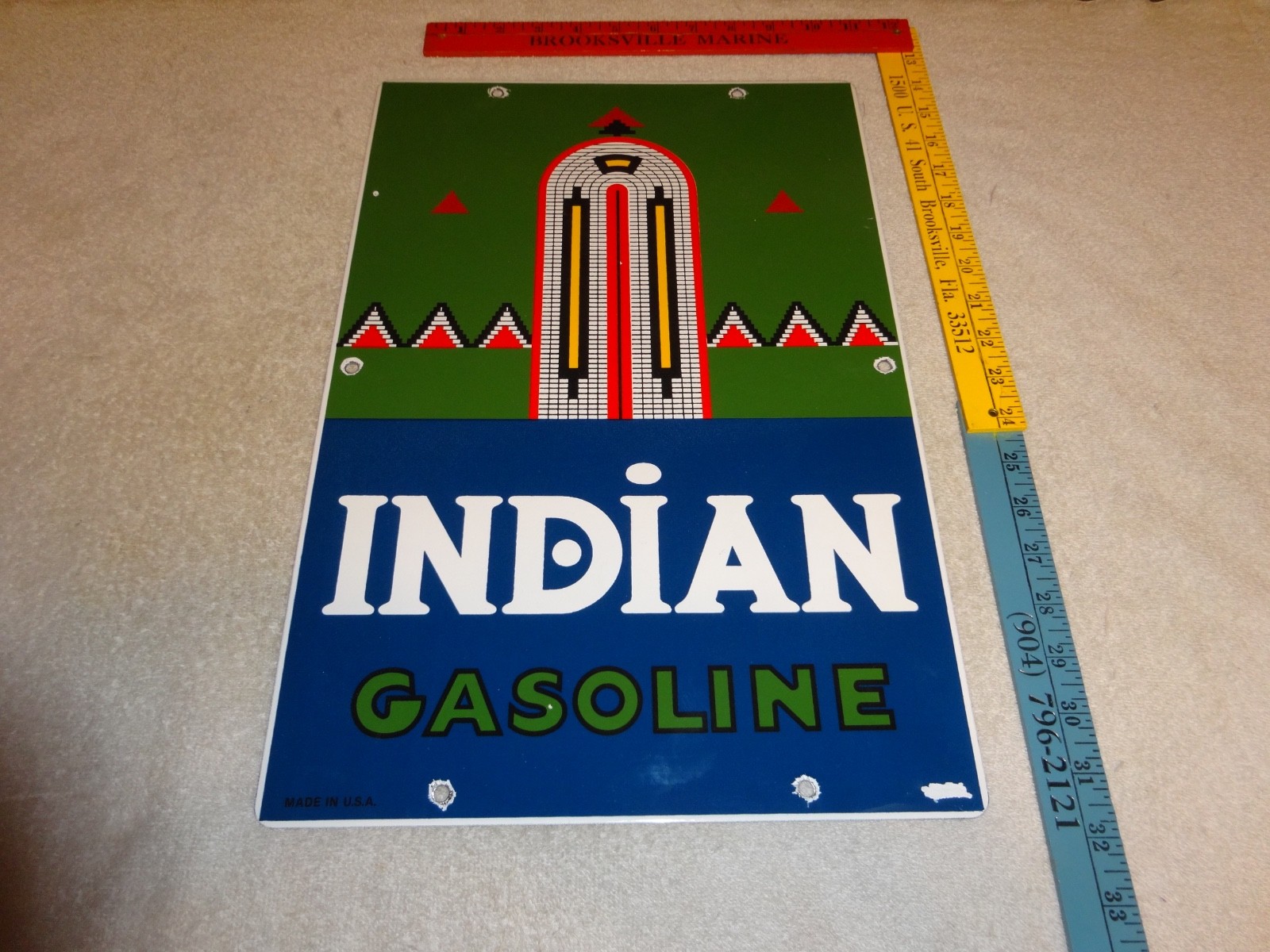 VINTAGE INDIAN GASOLINE 18″ PORCELAIN METAL MOTORCYCLE GAS & OIL PUMP PLATE SIGN