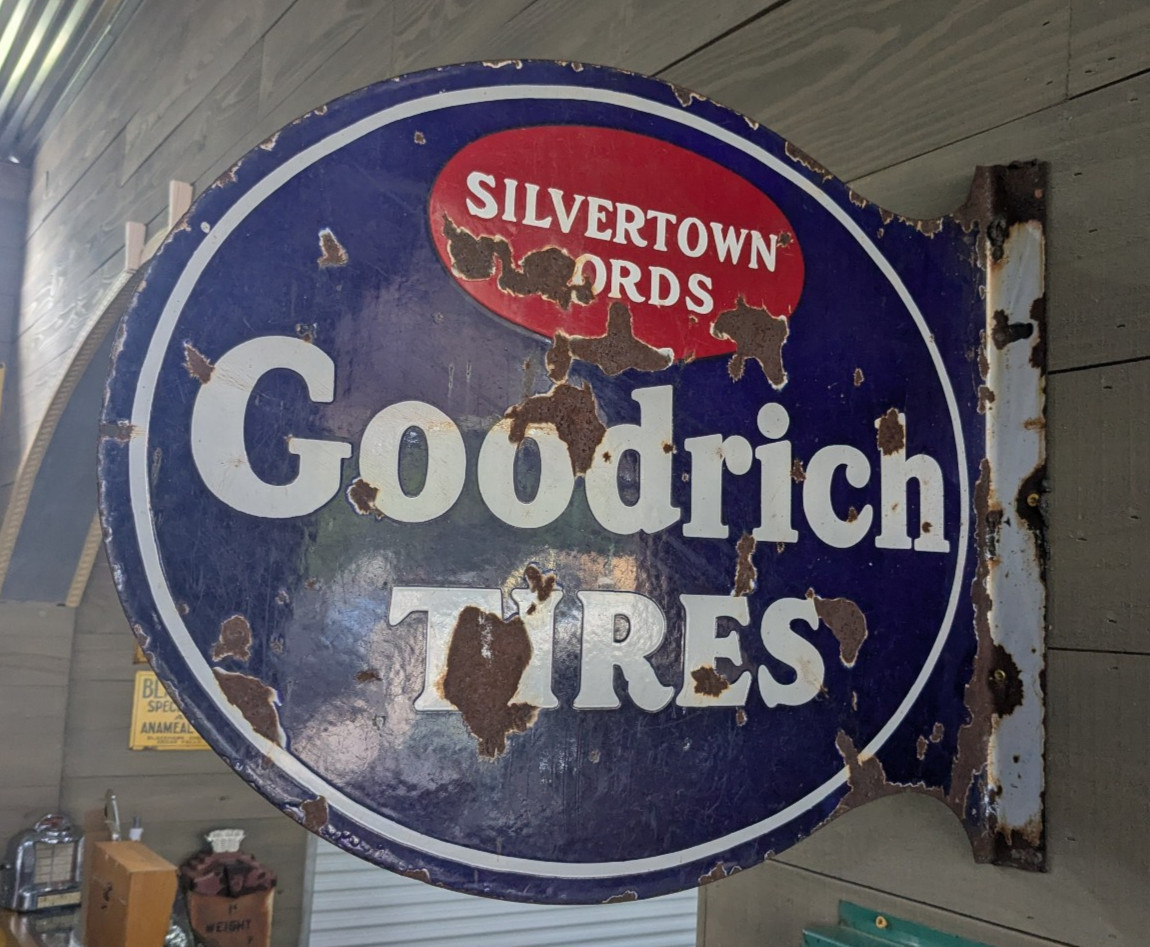 VTG Metal Goodrich Tires Silvertown Cords Blue Red Advertising flange Mount Sign
