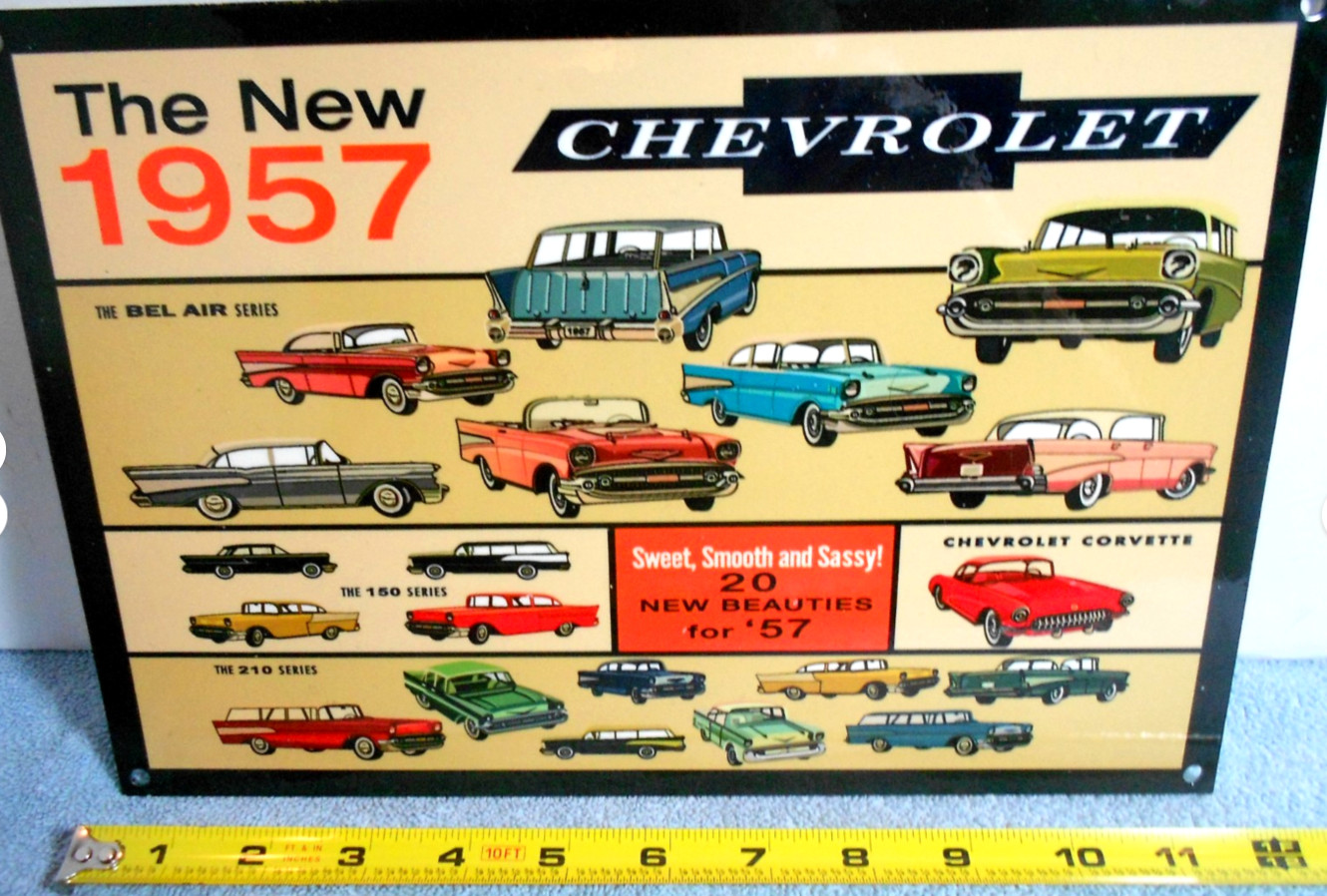 VINTAGE CHEVROLET “NEW BEAUTIFUL 1957 CHEVY’S 12” GAS OIL ADVERTISING SIGN METAL