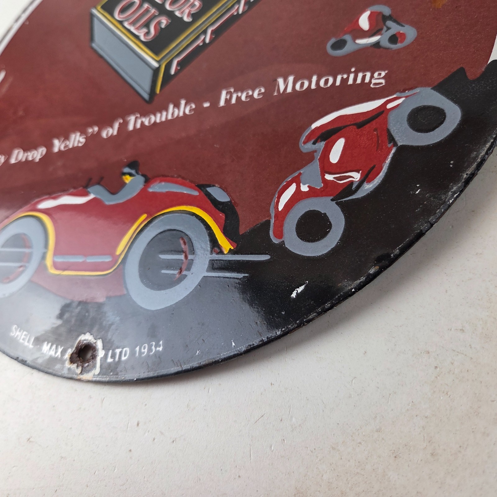 Vintage Shell Gasoline Sign – Free Motoring Gas Oil Pump Plate Porcelain Sign