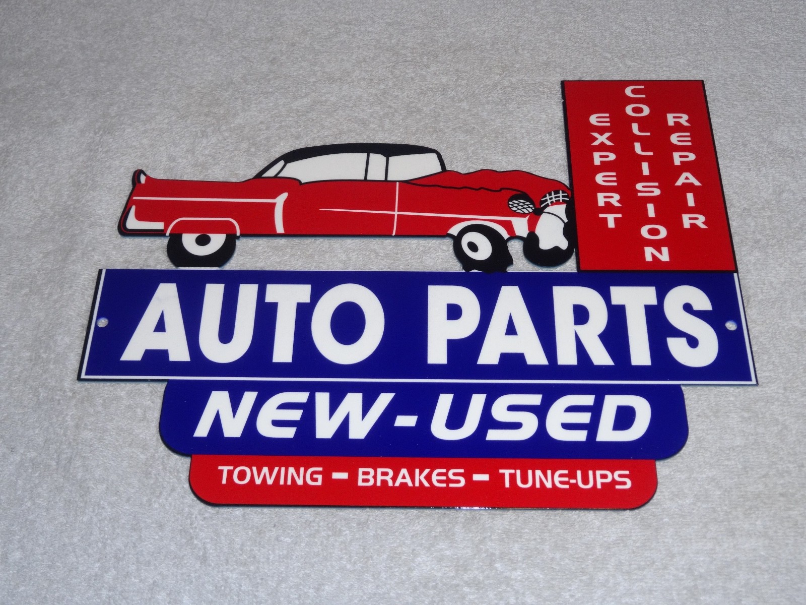 VINTAGE REPAIR SHOP & AUTO PARTS STORE CRASHED CAR 12″ METAL GASOLINE & OIL SIGN