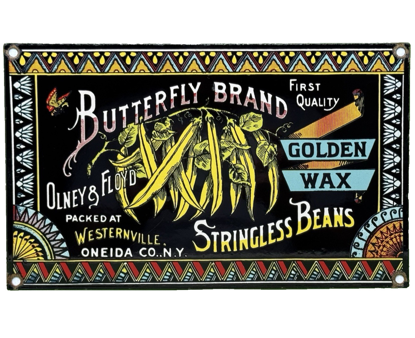 VINTAGE BUTTERFLY BRAND BEANS PORCELAIN SIGN GROCERY STORE GENERAL STORE PRODUCE