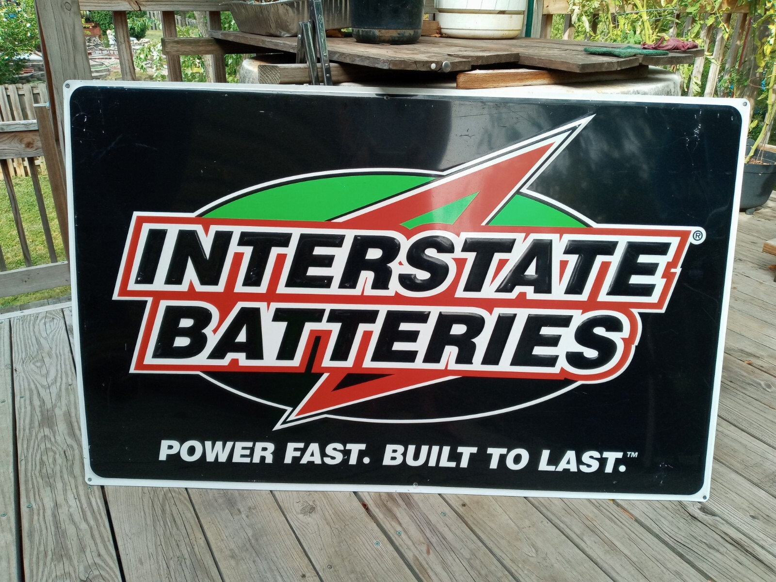 SWEET VINTAGE EMBOSSED ALUMINUM INTERSTATE CAR BATTERIES SIGN GAS/OIL 48″ X 30″