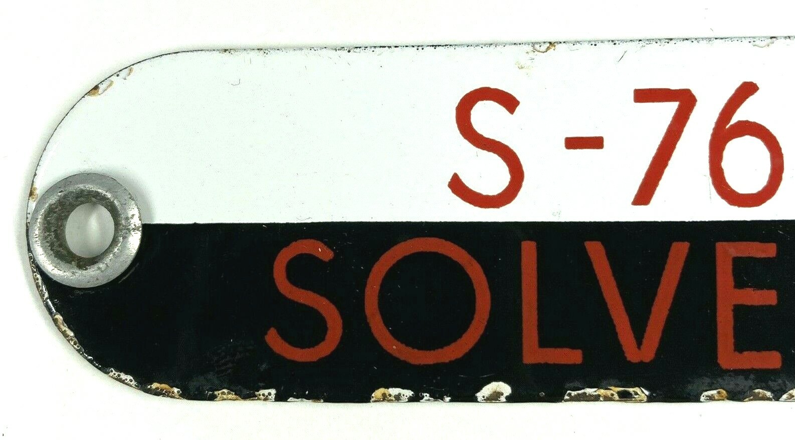 Vintage S-76 Solvent Porcelain Gas Fuel Oil Tag Sign Badge – Black, White & Red
