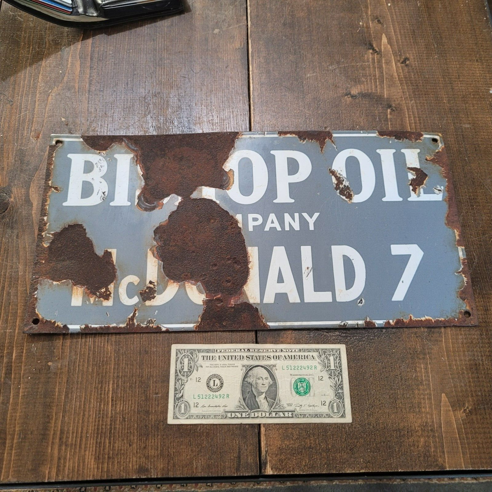 RARE PORCELAIN OIL WELL LEASE SIGN Bishop Oil Co. McDonald Kern Cnty Bakersfield
