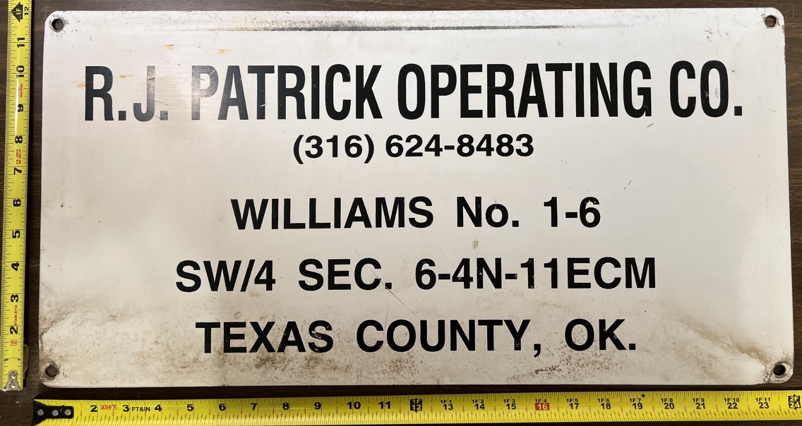 Vintage Painted Aluminum Oil Industry Sign – R.J.Patrick Operating Co. Texas Cty
