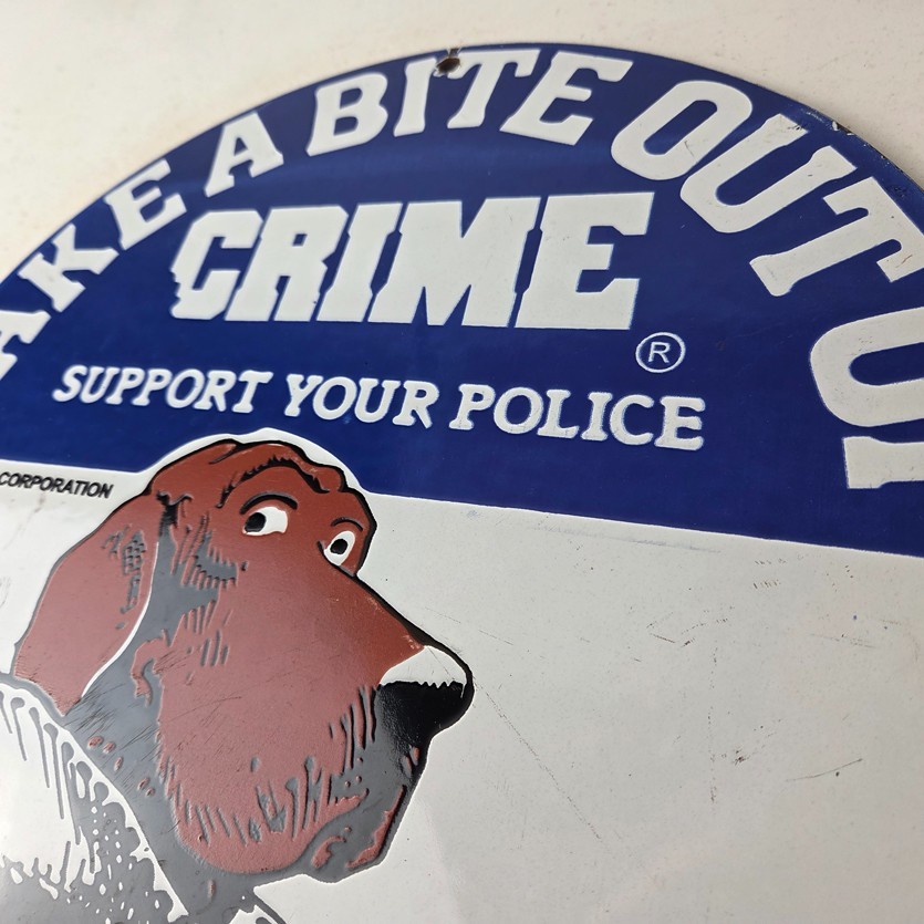 Vintage McGruff Crime Dog Sign – Porcelain Support Police Gas Pump Plate Sign