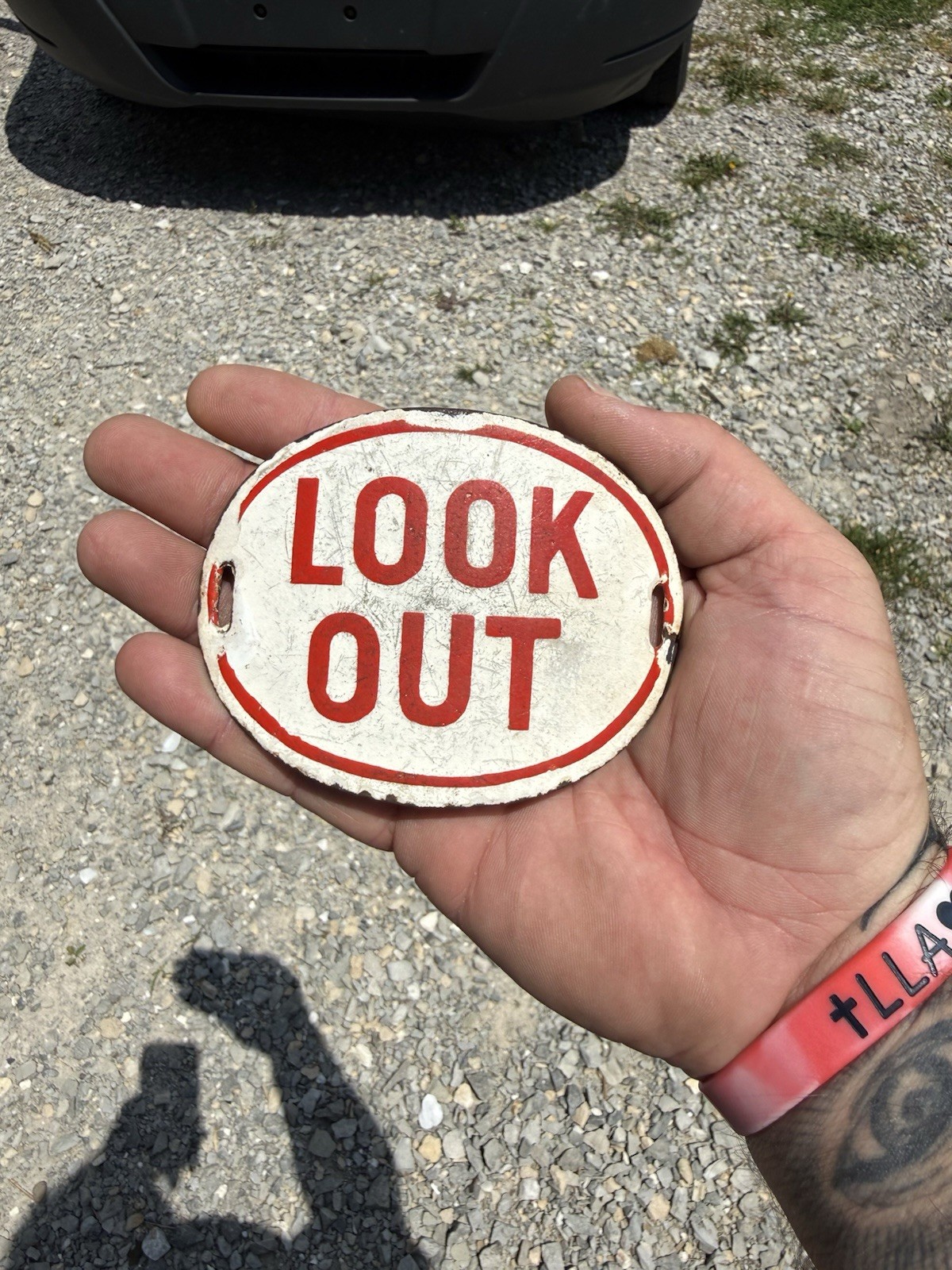 Vintage Porcelain LOOK OUT Sign Railroad Crossing Industrial Safety Warning
