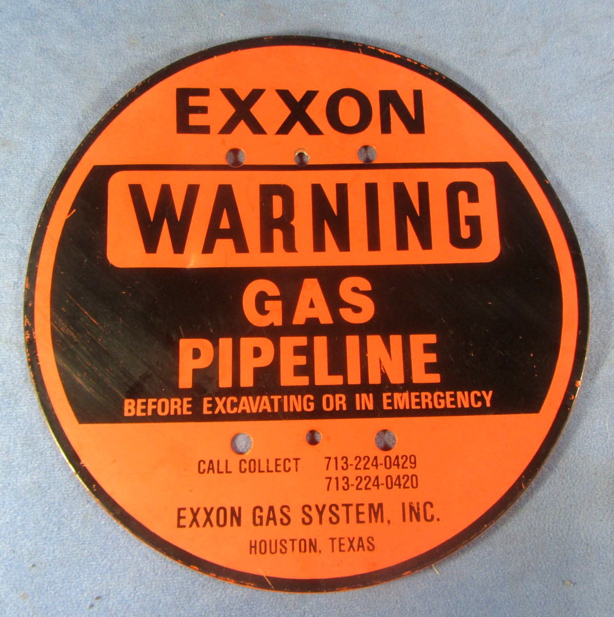 Rare! Vintage Orange Exxon Gas Pipeline Metal Sign Marker Houston Texas
