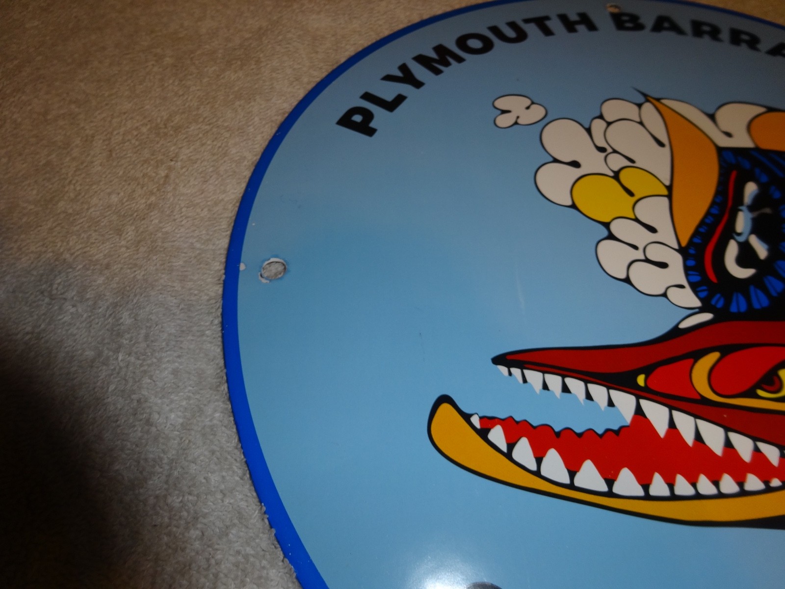 VINTAGE DODGE PLYMOUTH BARRACUDA 11 3/4″ PORCELAIN METAL CAR FISH GAS & OIL SIGN