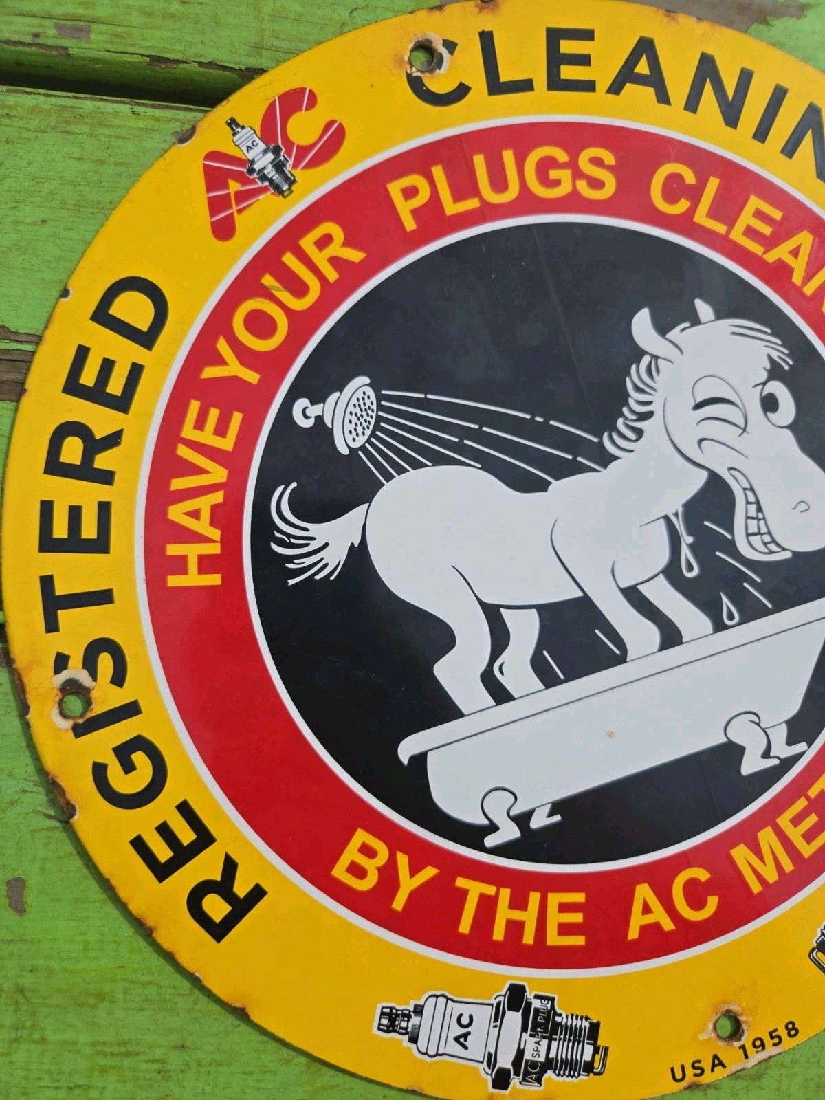AC Spark Plug Registered Cleaning Station Porcelain Advert. Sign Gas Oil 11 3/4″