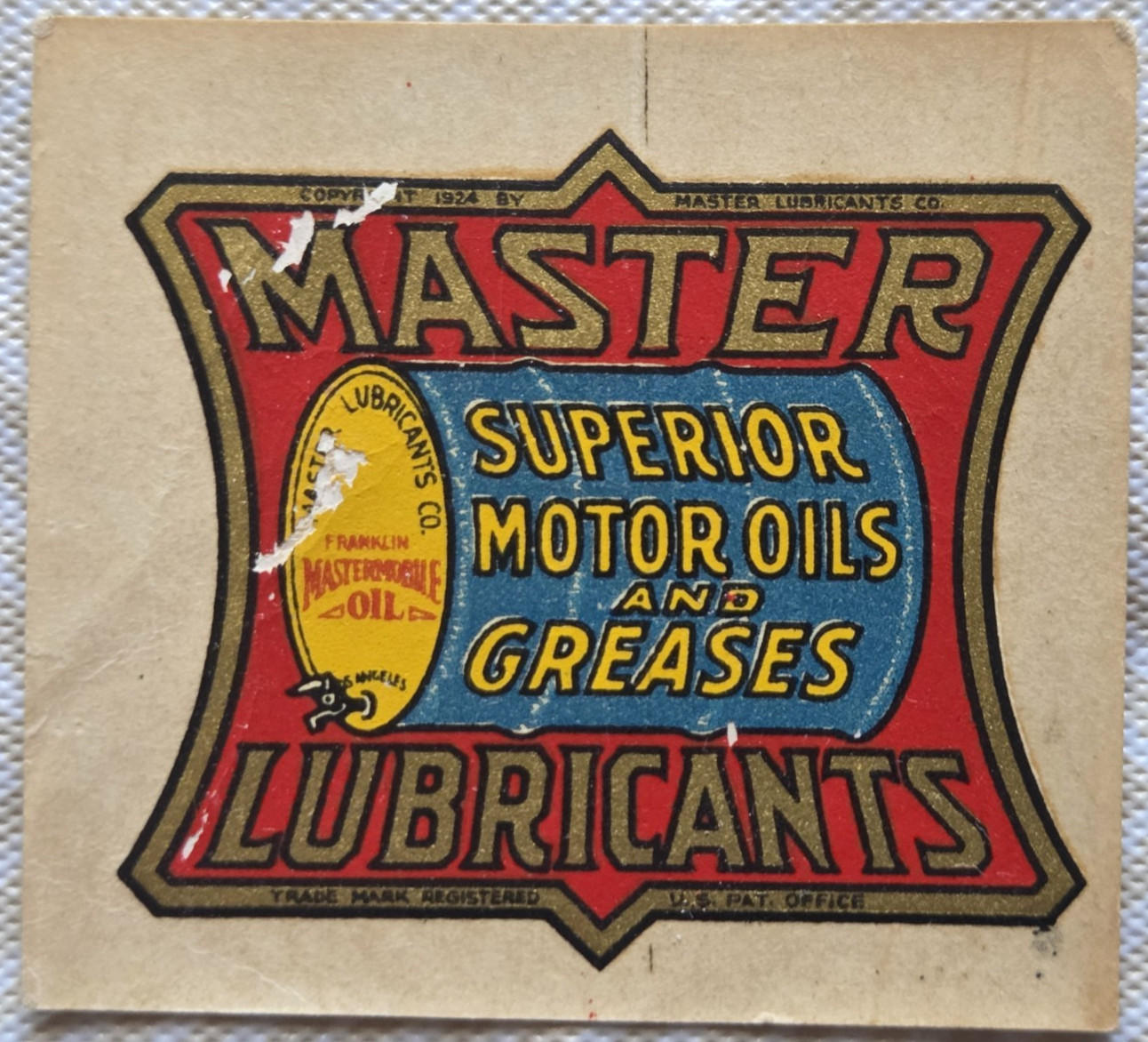 Antique 1920-30s Master Lubricants Co. Meyercord Water Transfer Decal
