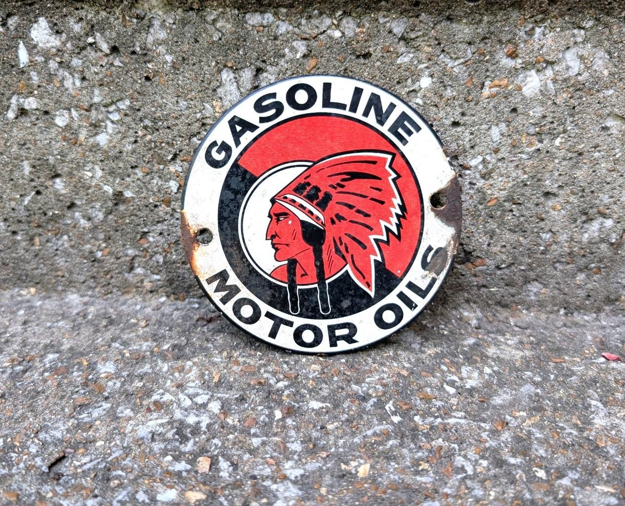VINTAGE PORCELAIN MOHAWK GASOLINE MOTOR OILS SIGN 4 INCH GAS STATION ADVERTISING