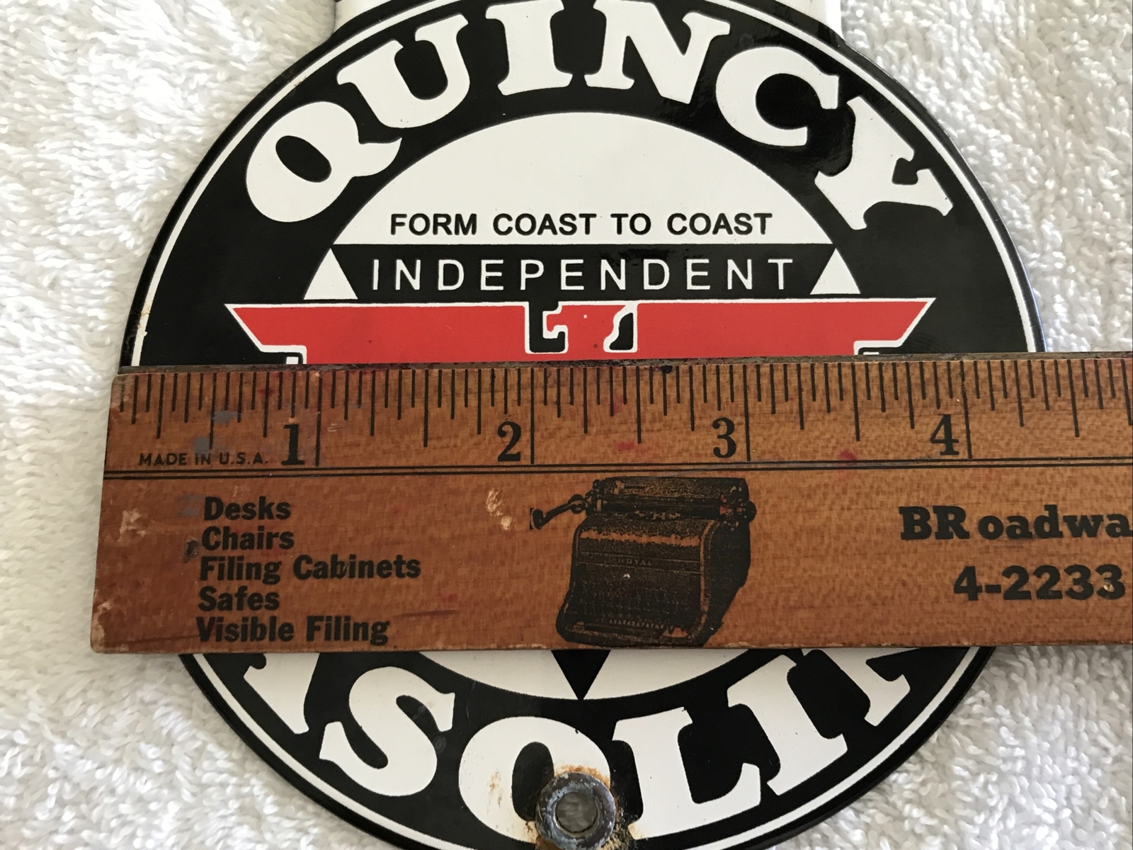 QUINCY GASOLINE, INDEPENDENT OIL, PORCELAIN DIE CUT SIGN