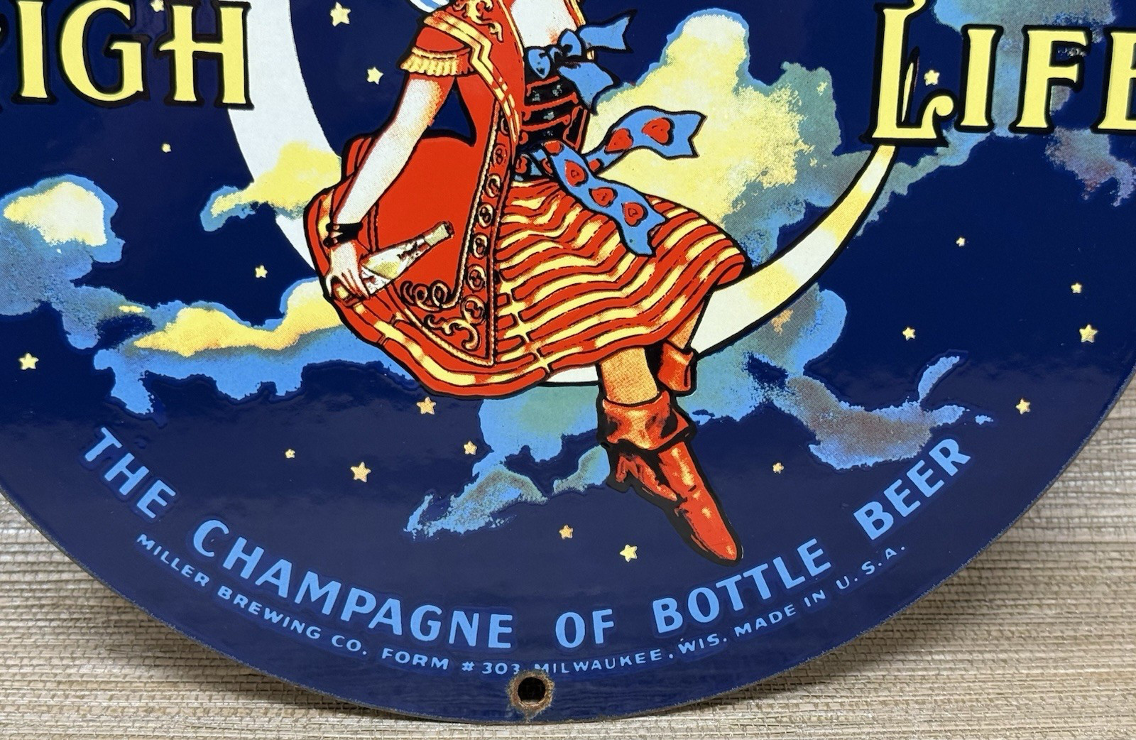 VINTAGE MILLR HIGH LIFE BEER PORCELAIN SIGN GAS STATION OIL LIQUOR STORE BOTTLE