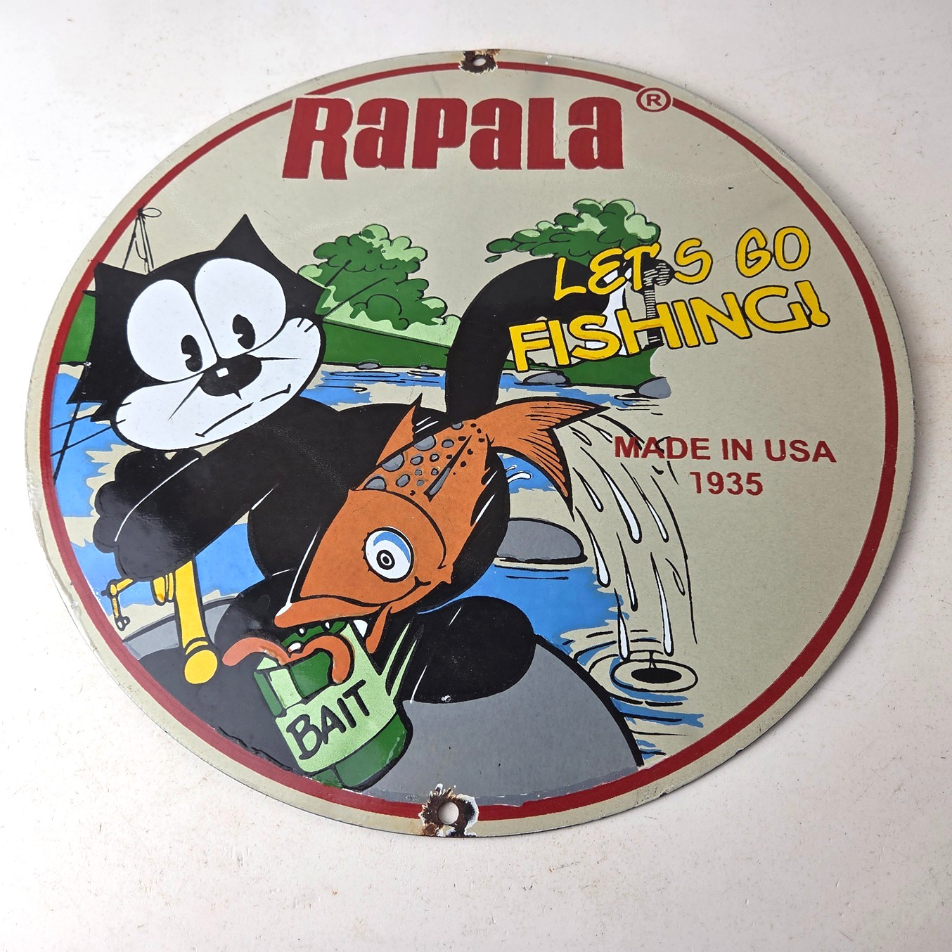 Vintage Rapala Fishing Lures Sign – Felix the Cat Porcelain Gas Pump Plate Sign