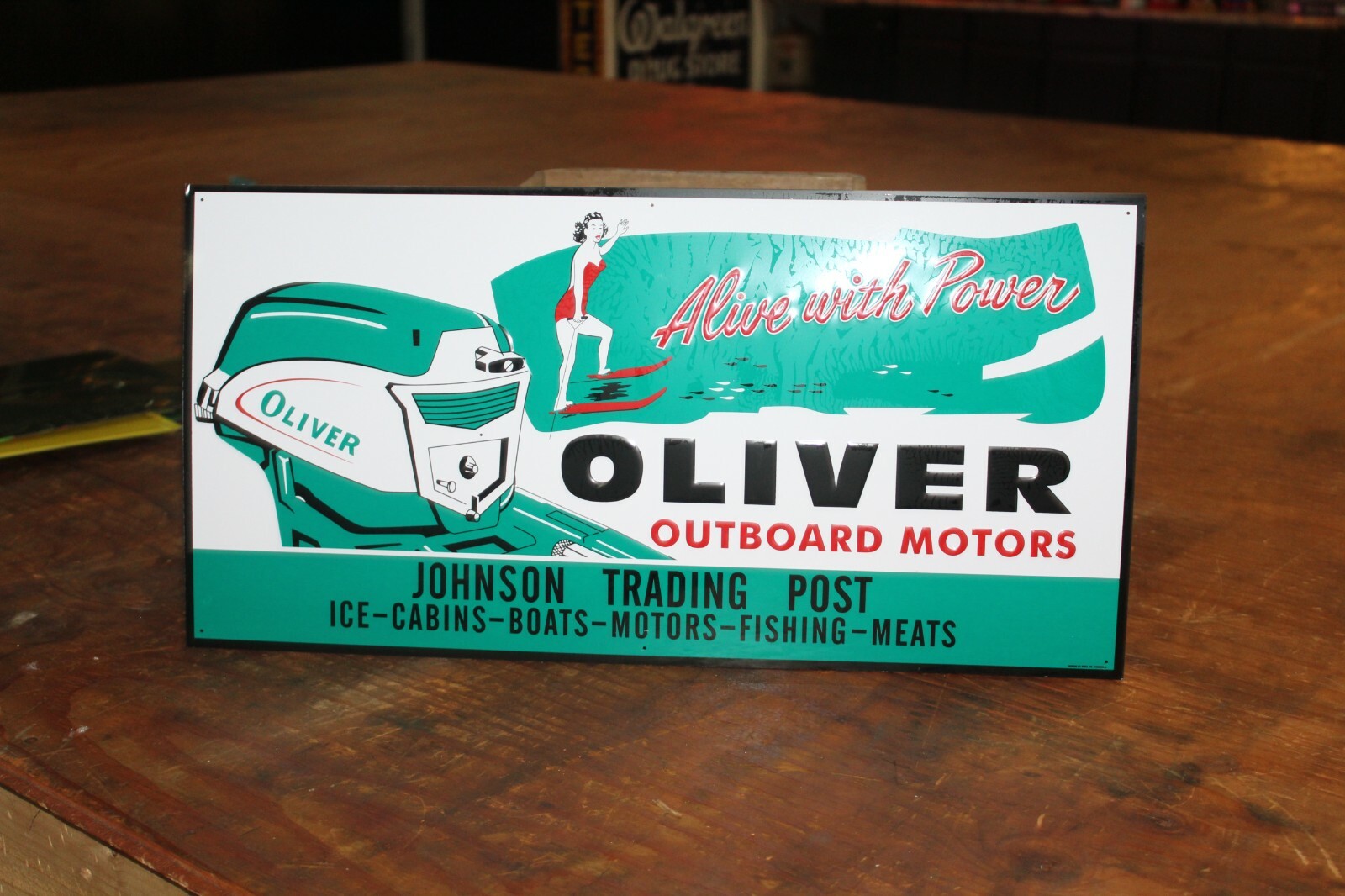 OLIVER OUTBOARD BOAT MOTORS DEALER EMBOSSED METAL SIGN GAS OIL MARINE FISHING