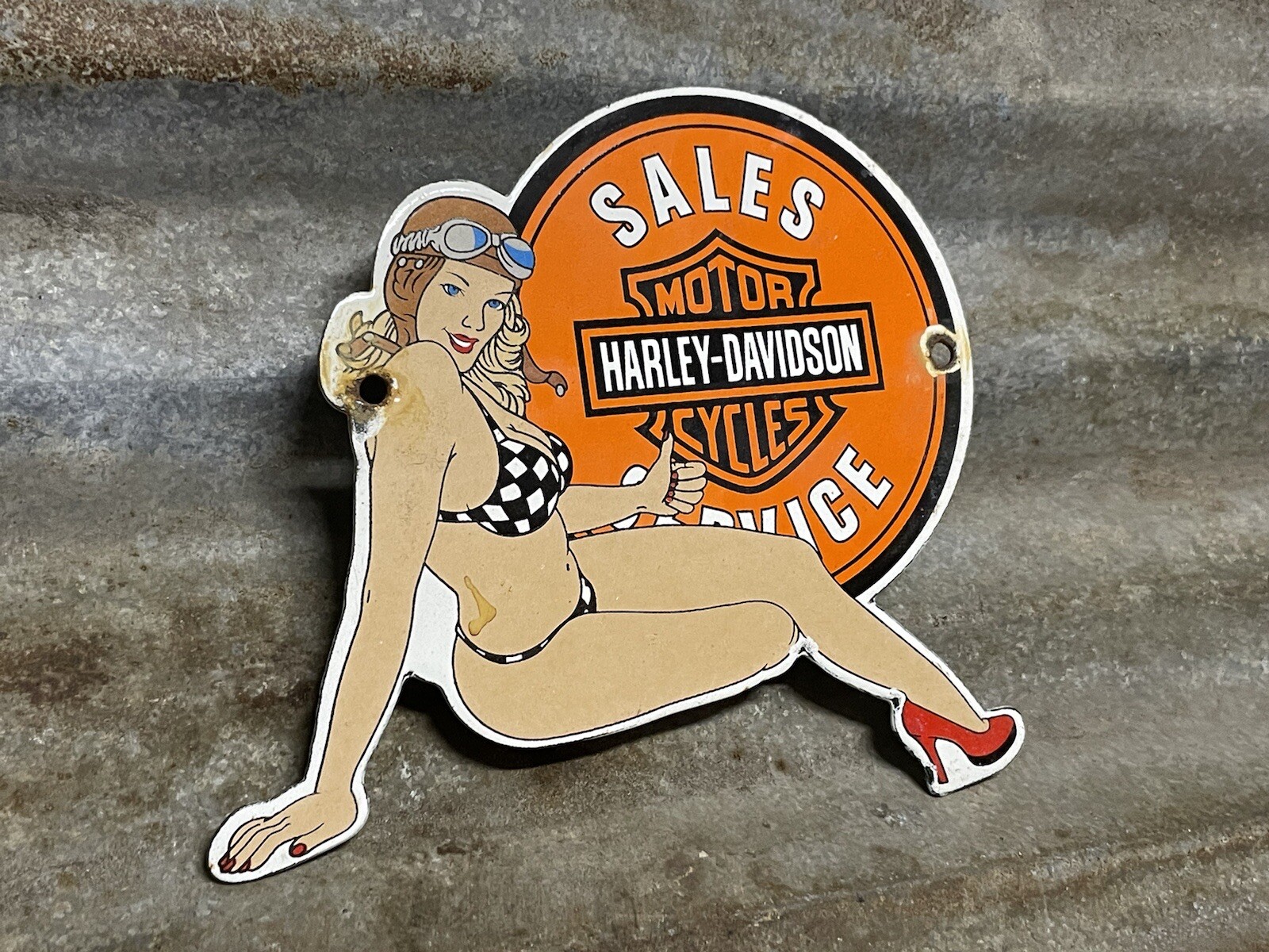VINTAGE MOTORCYCLE PORCELAIN HARLEY DAVIDSON SIGN SALES GIRL SERVICE GAS PUMP