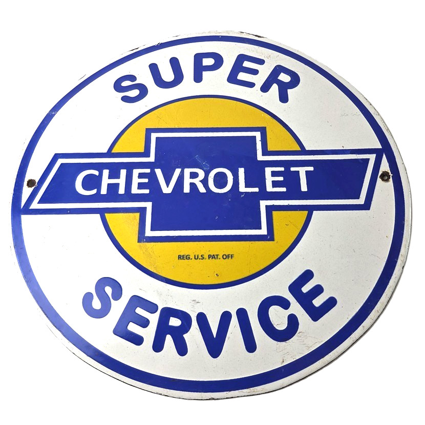 Vintage Chevrolet Sign – Super Service Automobile Motors Gas Pump Porcelain Sign