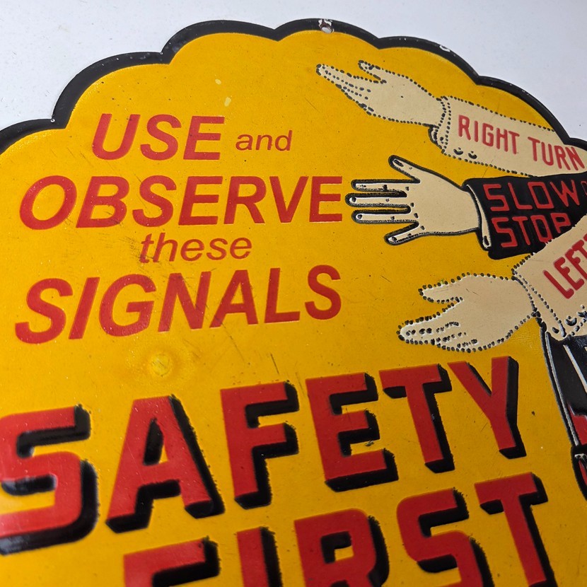 Vintage Shell Gasoline Sign – Safety First Porcelain Gas Pump Plate Sign