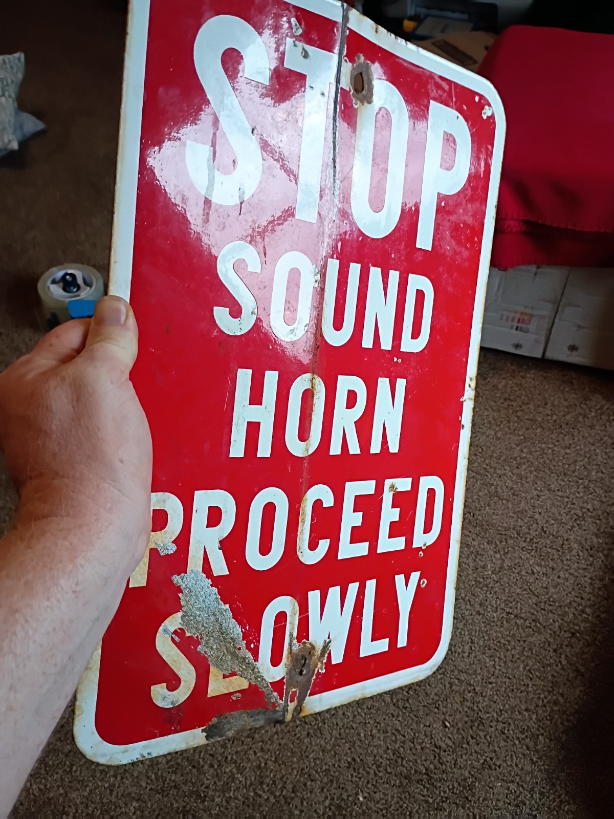 Vertical STOP Sound Horn Proceed Slowly Vintage Porcelain Sign Original Gas Oil