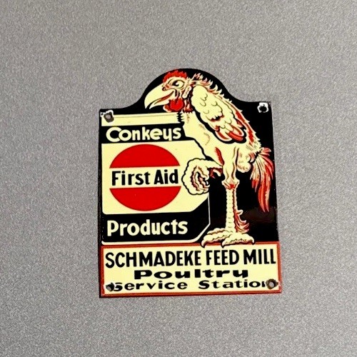 VINTAGE CONKEYS POULTRY FARM BIRD PORCELAIN SIGN CAR GAS MOTORCYCLE TRUCK OIL